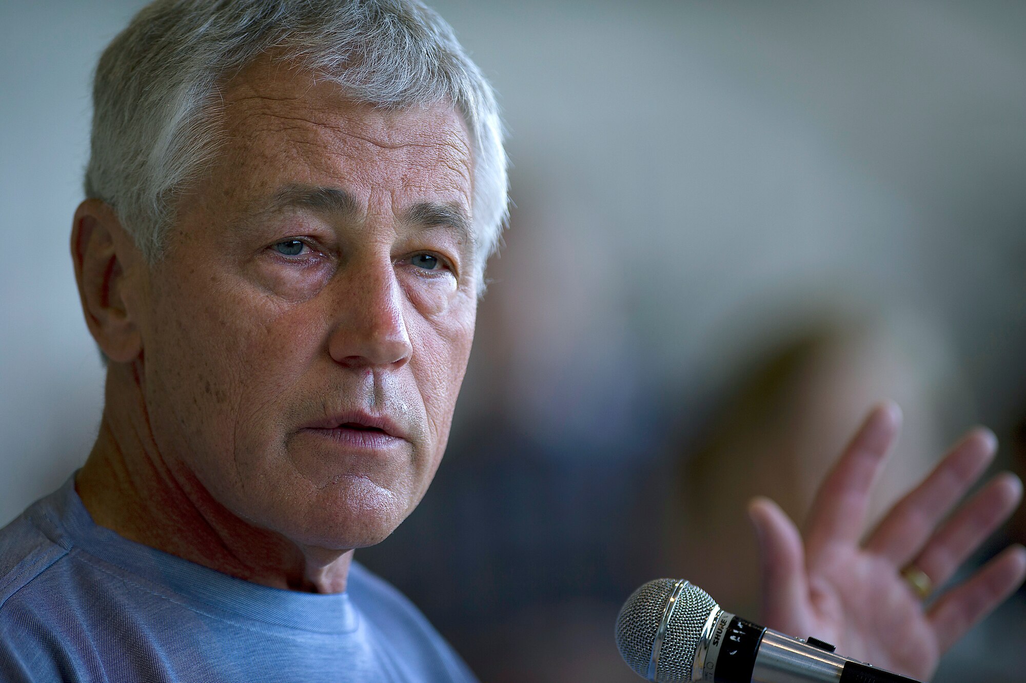 Defense Secretary Chuck Hagel addresses more than 200 service members from U.S. Pacific Command May 30, 2013, inside aircraft hangar 19 on Joint Base Pearl Harbor-Hickam, Hawaii. Hagel met with Pacific Command leaders before continuing to Singapore to speak at the Shangri-La Dialogue. As a senator, Hagel co-founded of the Shangri-La Dialogue, which began in 2002. This return visit to the dialogue will be his first as secretary of defense. The annual conference draws defense and security experts from across the Asia-Pacific region. Hagel's travels will wrap up with a gathering of defense ministers at NATO headquarters in Brussels. (Department of Defense photo by U.S. Air Force Tech. Sgt. Michael R. Holzworth/Released)

