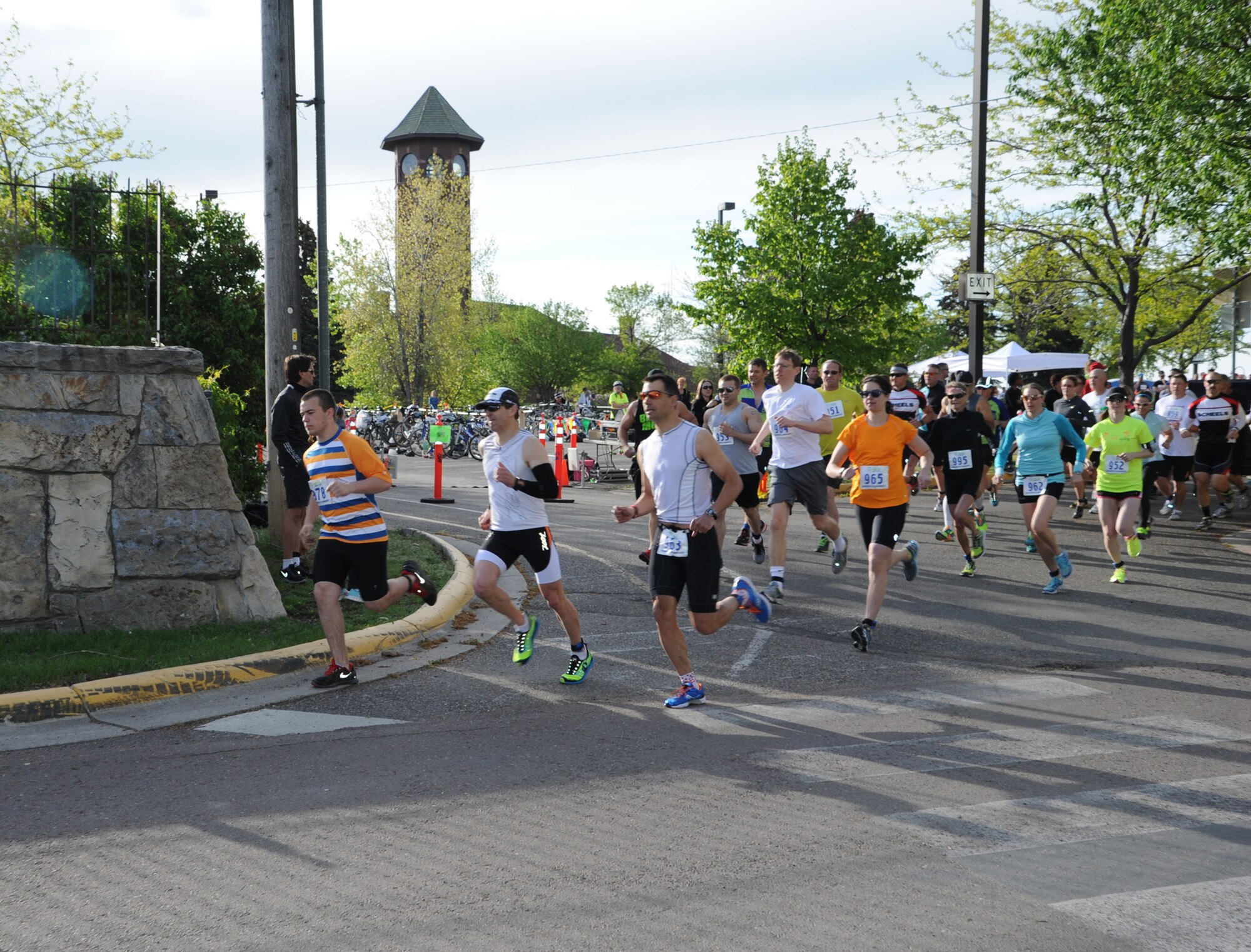 Competitors start the running portion of Scheels’ Red White and Blue duathlon at Electric City Water Park in Great Falls on May 25. More than 50 participated in the race, consisting of a three-mile run and 11.2-mile bike ride. (U.S. Air Force photo/Airman 1st Class Katrina Heikkinen)