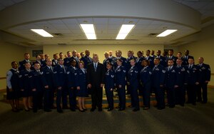 Joint Base Charleston held its semi-annual Community College of the Air Force Graduation ceremony May 22, 2013, at the JB Charleston - Air Base Theater, S.C. The graduates, 110 in total, were honored during the ceremony. The graduation was highlighted by retired Chief Master Sgt. James Roy, 16th Chief Master Sgt. of the Air Force, who was the guest speaker. (U.S. Air Force photo/ Staff Sgt. Rasheen Douglas)