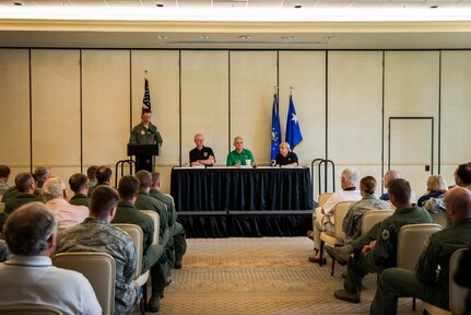 (From left) Ret . Gen. Walter Kross, Ret. Lt. Gen. Chris Kelly, and Ret. Maj. Gen. Jim Baginski speak about mobility operations during the Mobility Heritage Panel, May 23, 2013, at Joint Base Charleston – Air Base, S.C. Kross, chairman of the A/TA National Board of Officers, and board members, Baginski and Kelly hosted a Mobility Heritage Panel where they discussed the history of mobility and our role in the U.S. Air Force. (U.S. Air Force photo/ Senior Airman George Goslin)