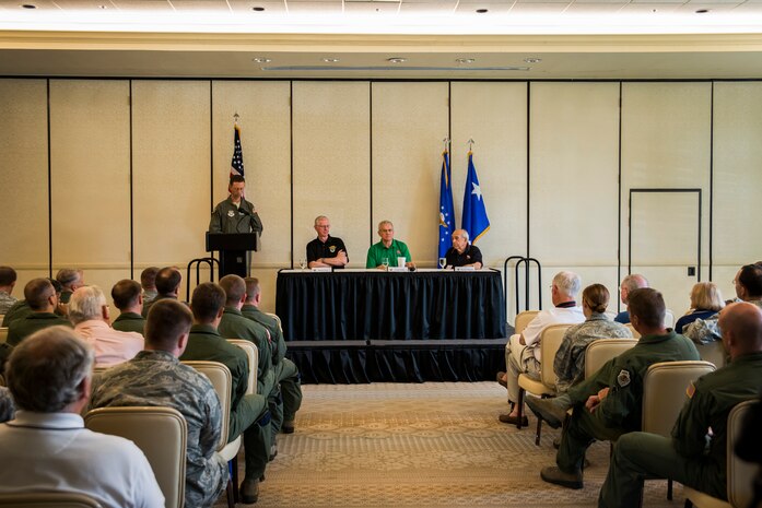 (From left) Ret . Gen. Walter Kross, Ret. Lt. Gen. Chris Kelly, and Ret. Maj. Gen. Jim Baginski speak about mobility operations during the Mobility Heritage Panel, May 23, 2013, at Joint Base Charleston – Air Base, S.C. Kross, chairman of the A/TA National Board of Officers, and board members, Baginski and Kelly hosted a Mobility Heritage Panel where they discussed the history of mobility and our role in the U.S. Air Force. (U.S. Air Force photo/ Senior Airman George Goslin)