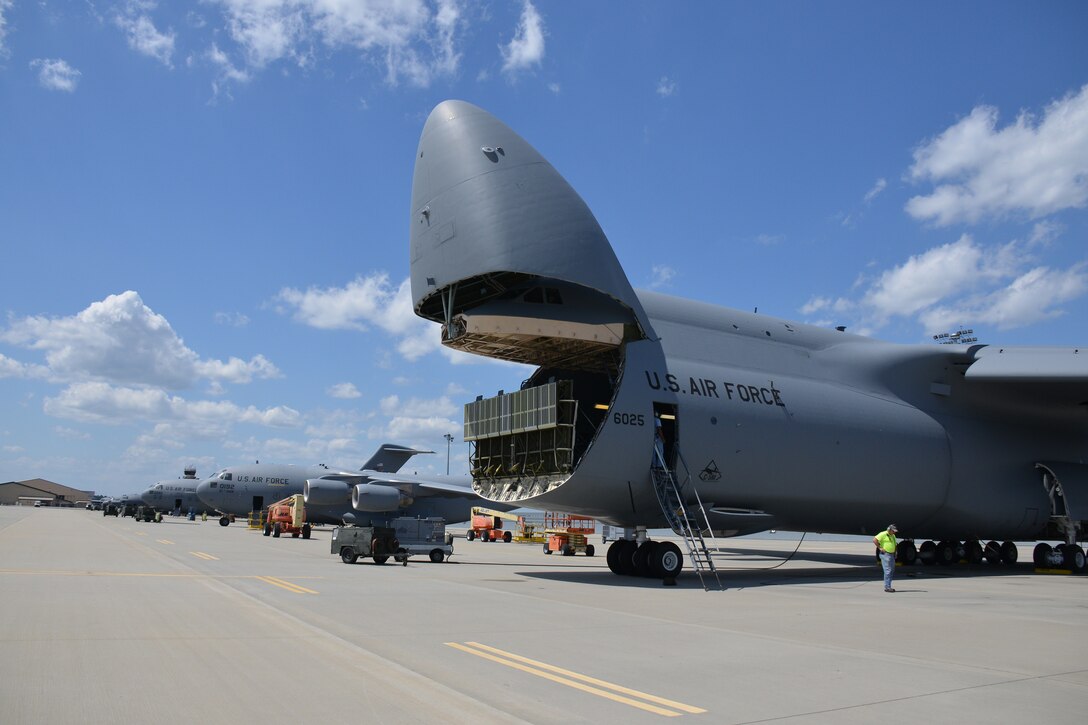 This C-5M Super Galaxy returned to Dover Air Force Base, Del., in like-new condition due to programmed depot maintenance, a first-ever refurbishment and additional damage repairs here at Robins. (U.S. Air Force photo by Ed Aspera/Released)