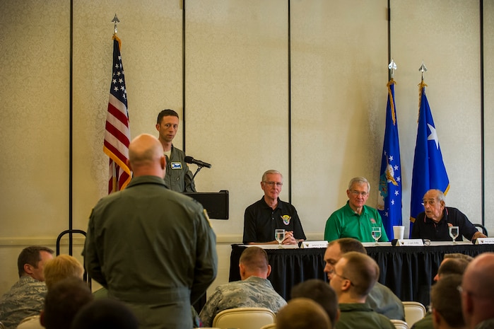 (From left) Ret . Gen. Walter Kross, Ret. Lt. Gen. Chris Kelly, and Ret. Maj. Gen. Jim Baginski listen to a question from the audience during the Mobility Heritage Panel, May 23, 2013, at Joint Base Charleston – Air Base, S.C. Kross, chairman of the A/TA National Board of Officers, and board members, Baginski and Kelly hosted a Mobility Heritage Panel where they discussed the history of mobility and our role in the U.S. Air Force. (U.S. Air Force photo/ Senior Airman George Goslin)