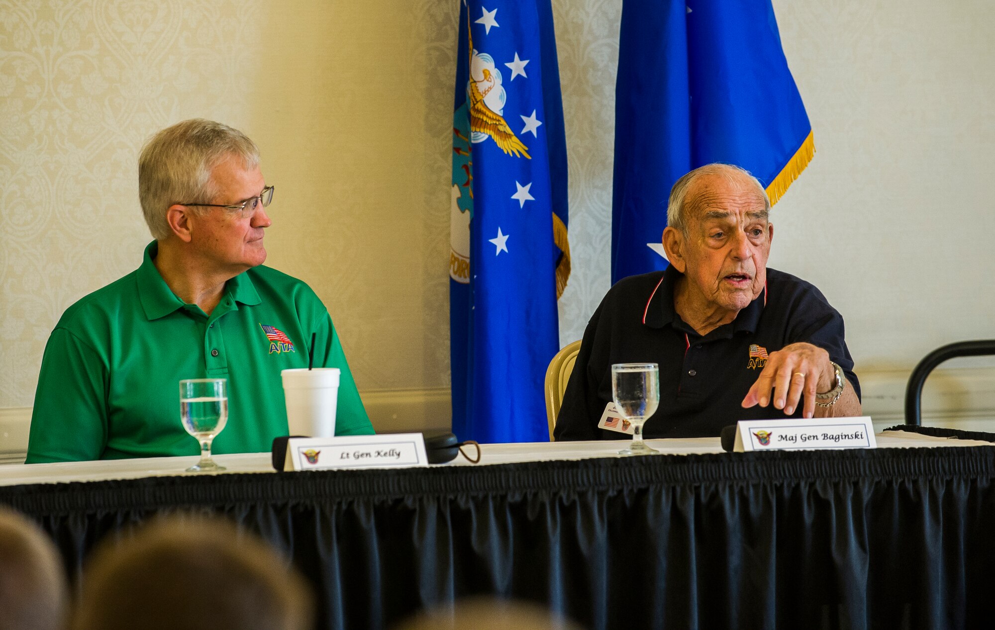 (From left) Ret . Lt. Gen. Chris Kelly, and Ret. Maj. Gen. Jim Baginski discuss differences in present and past Air Force mobility operations during the Mobility Heritage Panel, May 23, 2013, at Joint Base Charleston – Air Base, S.C. Kross, chairman of the Airlift / Tanker Aassociation National Board of Officers, and board members Baginski and Kelly hosted a Mobility Heritage Panel where they discussed the history of mobility and our role in the U.S. Air Force. (U.S. Air Force photo/ Senior Airman George Goslin)
