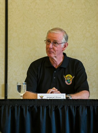 Ret. Gen. Walter Kross, Chairman of the Airlift/ Tanker Association Board of Officers, listens to a question from the audience during the Mobility Heritage Panel, May 23, 2013, at Joint Base Charleston – Air Base, S.C. Kross, chairman of the A/TA National Board of Officers, and board members, Ret. Maj. Gen. Jim Baginski and Ret. Lt. Gen. Chris Kelly hosted a Mobility Heritage Panel where they discussed the history of mobility and our role in the U.S. Air Force. (U.S. Air Force photo/ Senior Airman George Goslin)