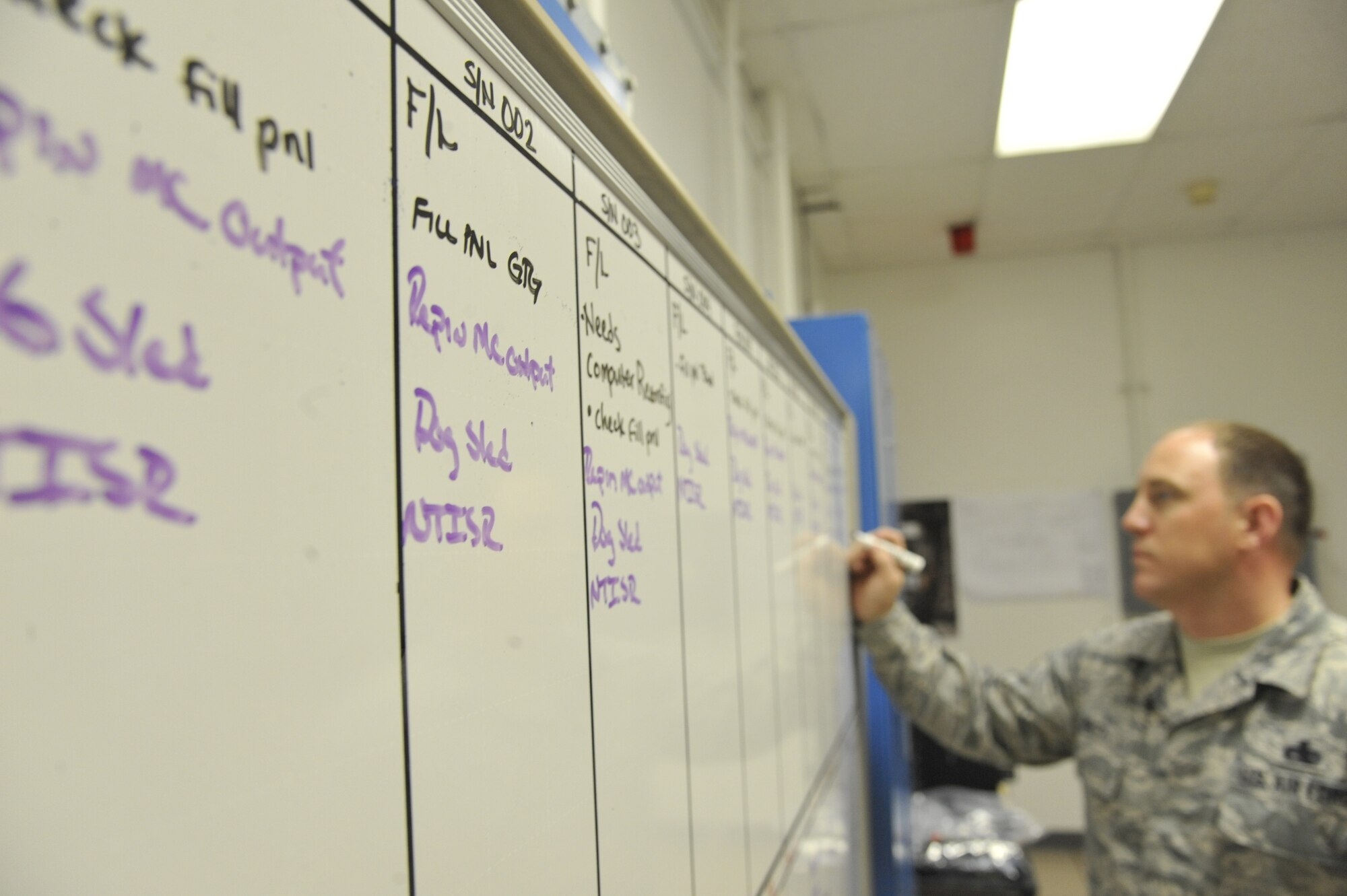 Master Sgt. Michael White, 509th Maintenance Operations Squadron B-2 computer-aided design manager, updates the adaptable communications suite rack status board at Whiteman Air Force Base, Mo., May 15, 2013. The ACS rack status board is used to track the current build status of the ACS rack. (U.S. Air Force photo by Airman 1st Class Keenan Berry/Released)