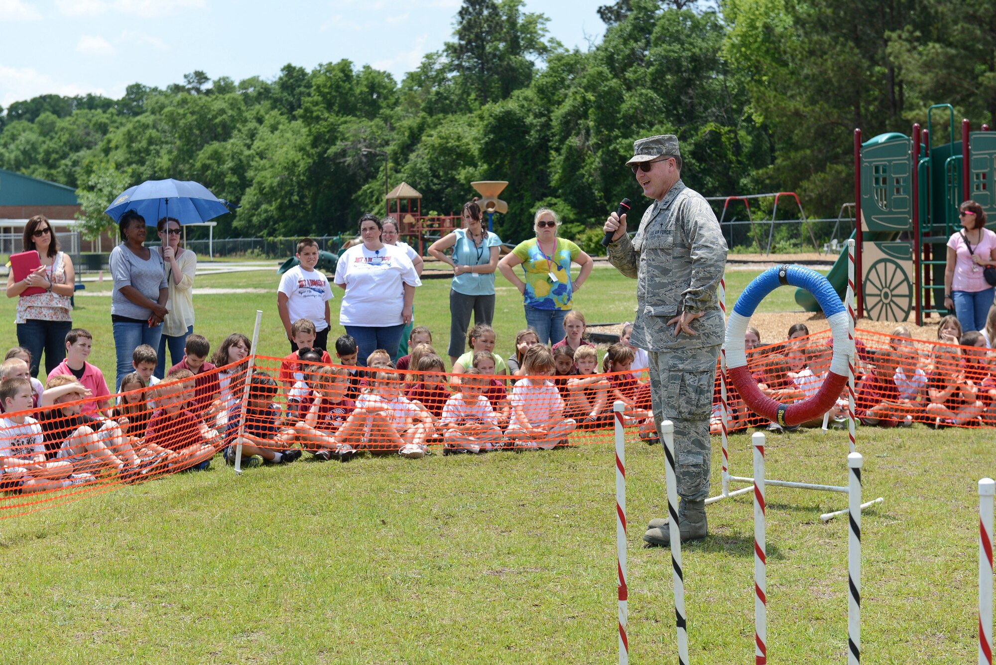 U.S. Air National Guard Capt. Brannon T. Bowman, 165th Airlift Wing Chaplain, tells students about careers in the Air National Guard, May 10, 2013 at Sand Hill Elementary in Guyton, Ga. Bowman was also a guest speaker at the Sand Hill Elementary Veterans Day program. (U.S. Air National Guard photo by Tech. Sgt. Charles Delano/Released)