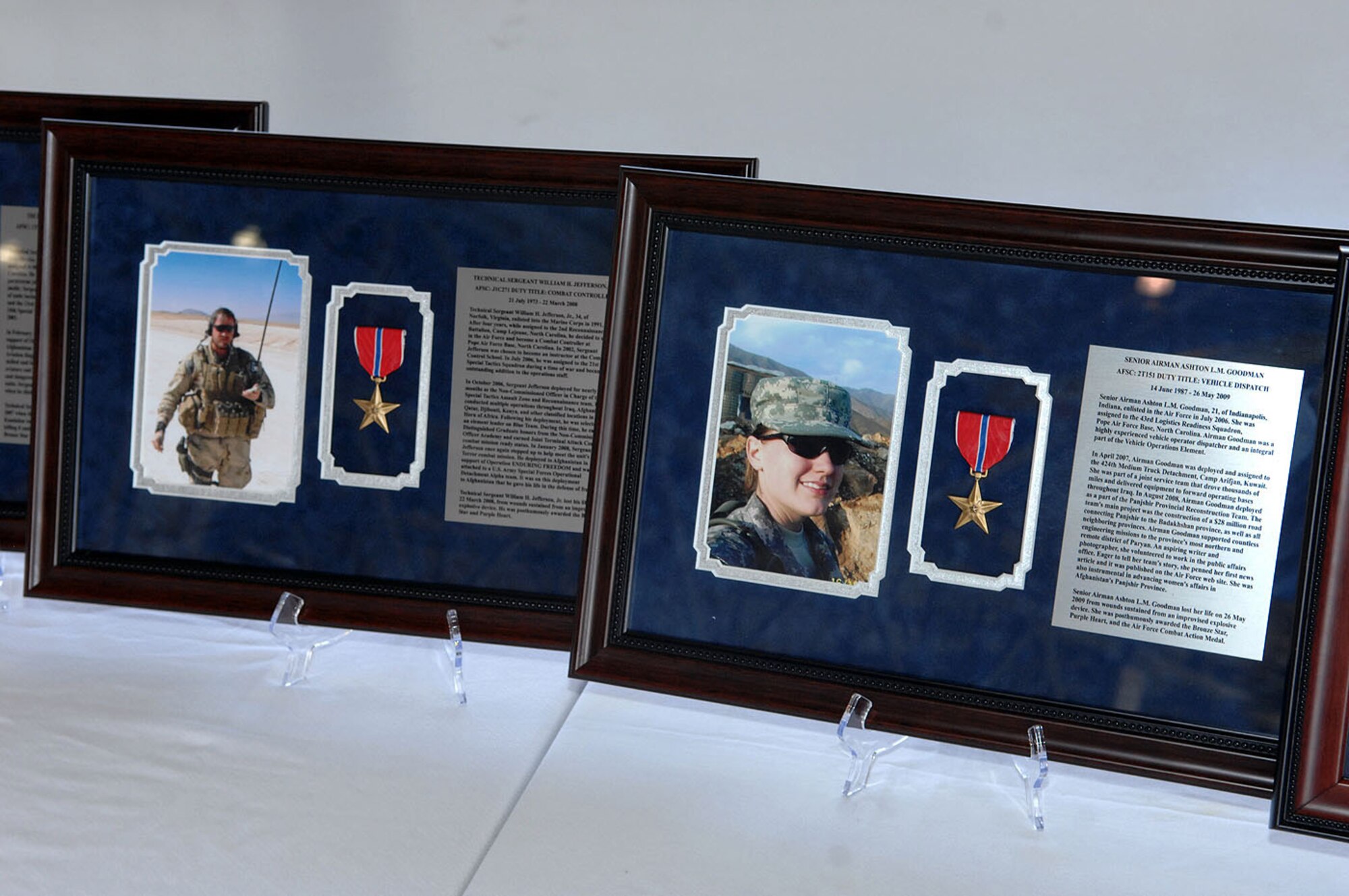 Fallen Pope Army Airfield Airmen memorials are displayed during the Air Force Sergeants Association’s Memorial Day Ceremony at Pope Army Airfield, Fort Bragg, N.C. on May 23.  (U.S. Air Force photo by Marvin Krause)