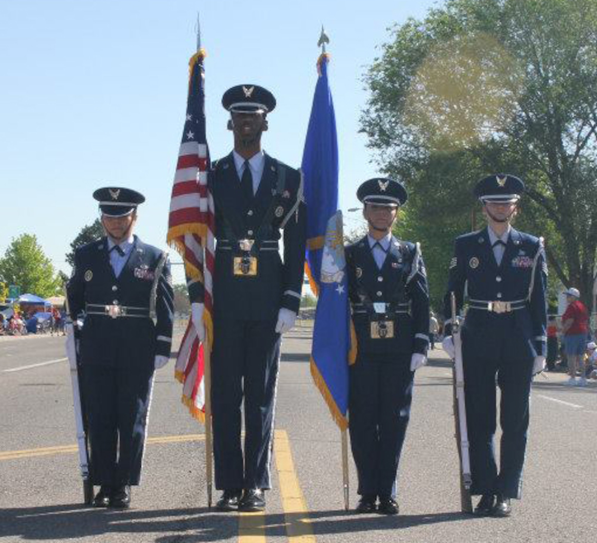 ARPC Honor Guard members Staff Sgt. Cindy Rodriguez, Senior Airmen Sean Cooper and Iris Morales and Staff Sgt. Ashley Kidder lead the 49th Annual Commerce City Memorial Day Parade, May 27. (Courtesy photo) 