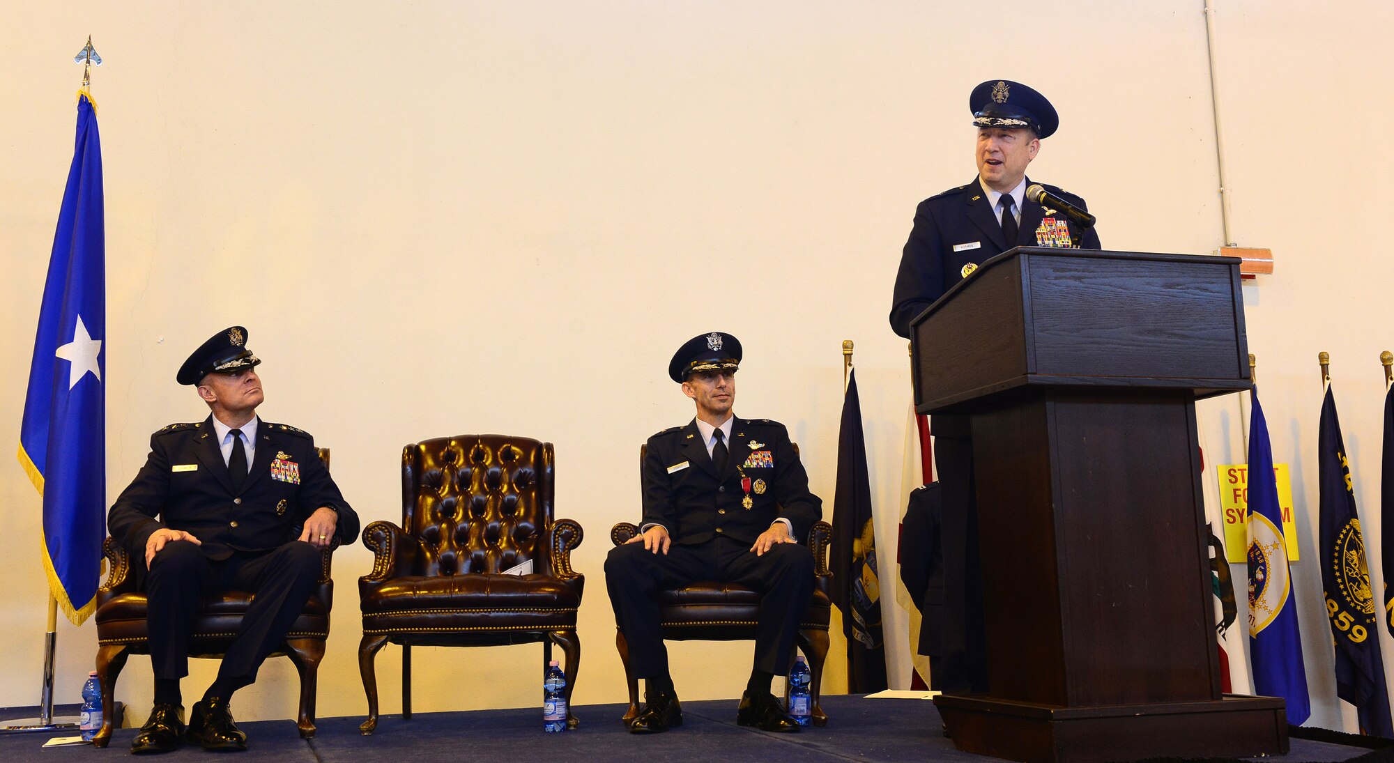 Brig. Gen. Jon A. Norman, 31st Fighter Wing commander, speaks to Team Aviano members during the wing change of command ceremony May 30, 2013, at Aviano Air Base, Italy. Nearly 1,000 people attended the ceremony held in Hangar 3 and the audience included Airmen, Soldiers, Italian air force members and local community leaders. (U.S. Air Force photo/Airman 1st Class Matthew Lotz)