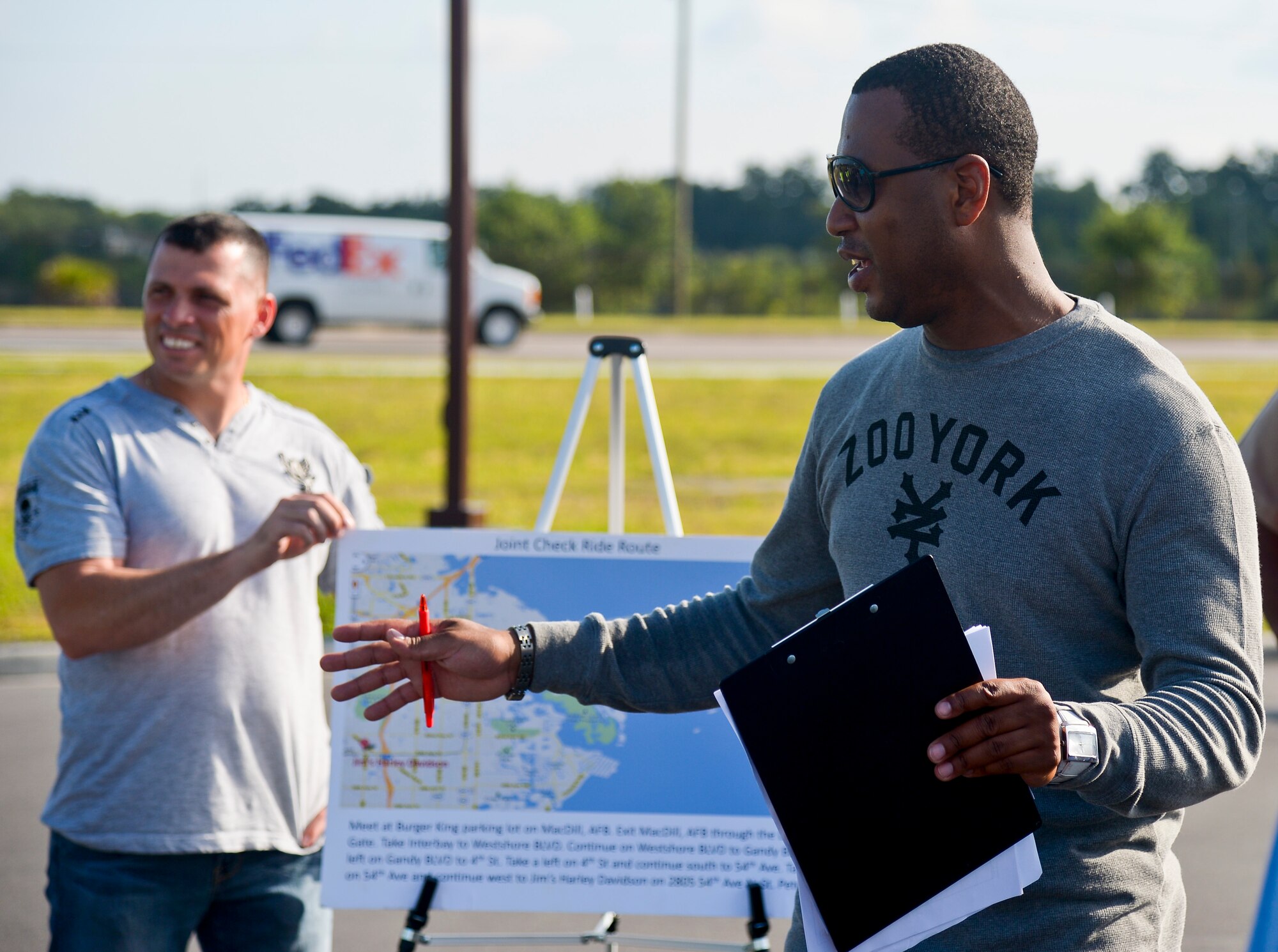 Sgt. 1st Class Deontrez Albury, United States Central Command CBRNE NCO in charge gives a safety briefing during MacDill Air Force Base’s 101 Critical Days of Summer joint operations check ride, May 23, 2013, MacDill, AFB, Fla. The purpose of the joint check ride was to emphasize motorcycle safety, prepare for the 101 Critical Days of Summer, and to build camaraderie between the base and its tenant units. (U.S. Air Force photo by Staff Sgt. Brandon Shapiro/Released)