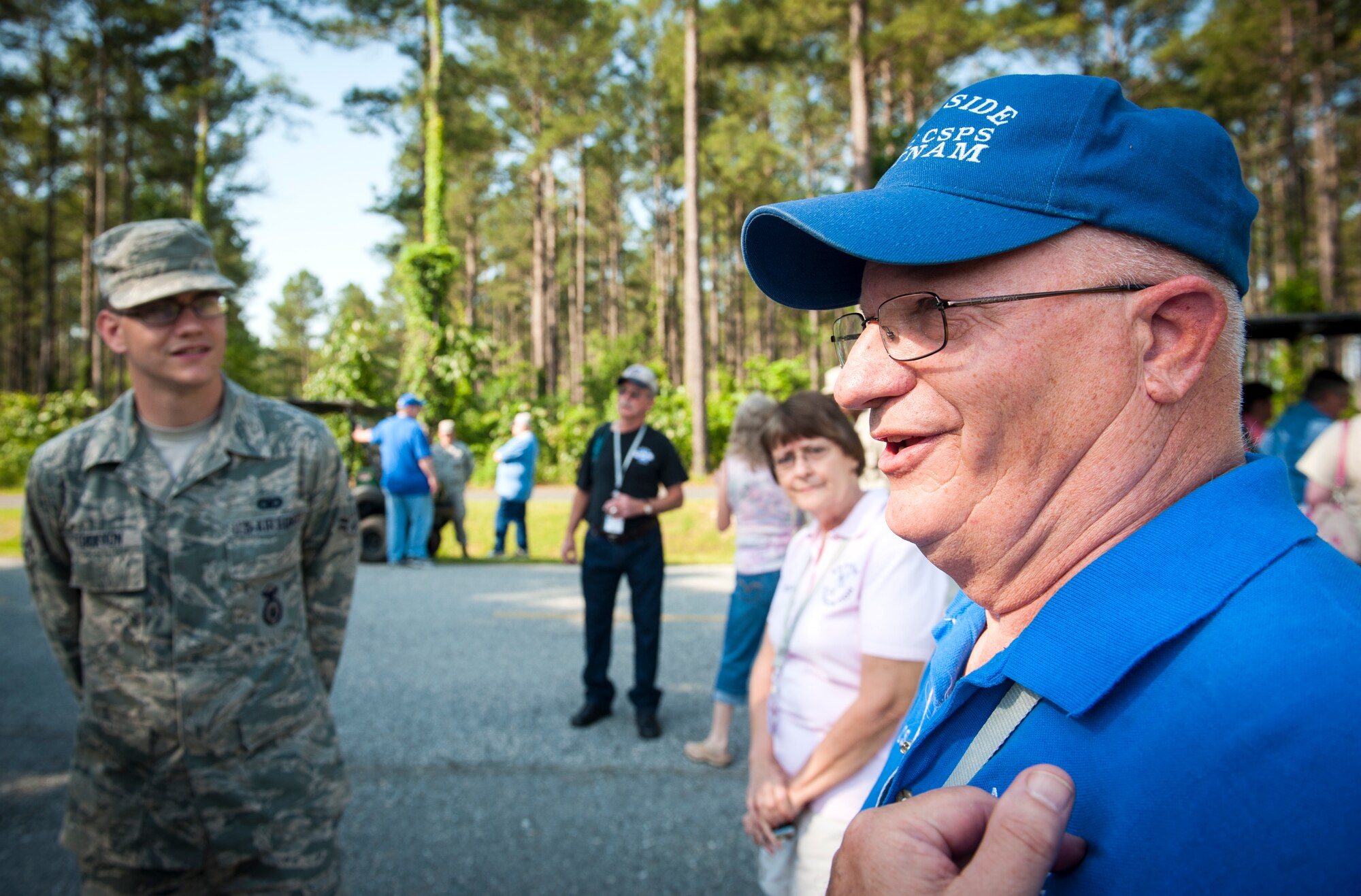 Alan Fox, a former mortar crewman during Operation Safeside, speaks to Airmen about his service during the Vietnam War at Moody Air Force Base, Ga., May 18, 2013. Fox joined the U.S. Army after the Operation Safeside units were disbanded. (U.S. Air Force photo by Senior Airman Jarrod Grammel/Released) 
