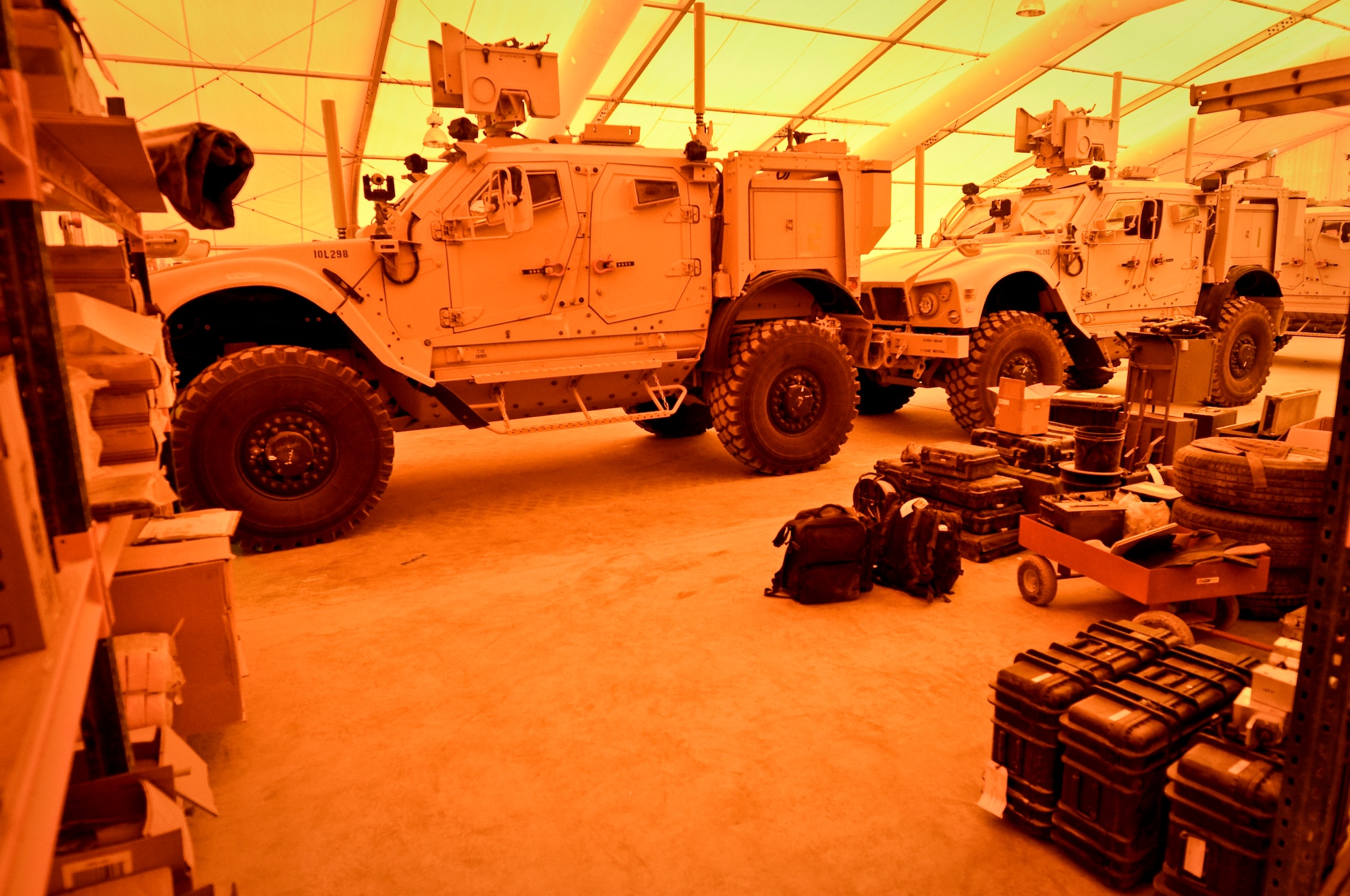 Supplies and equipment sit at the ready to support units deployed to Afghanistan in the 379th Expeditionary Civil Engineer Squadron explosive ordnance disposal’s modular storage depot, May 29, 2013, at the 379th Air Expeditionary Wing in Southwest Asia. (U.S. Air Force photo/Senior Airman Benjamin Stratton)