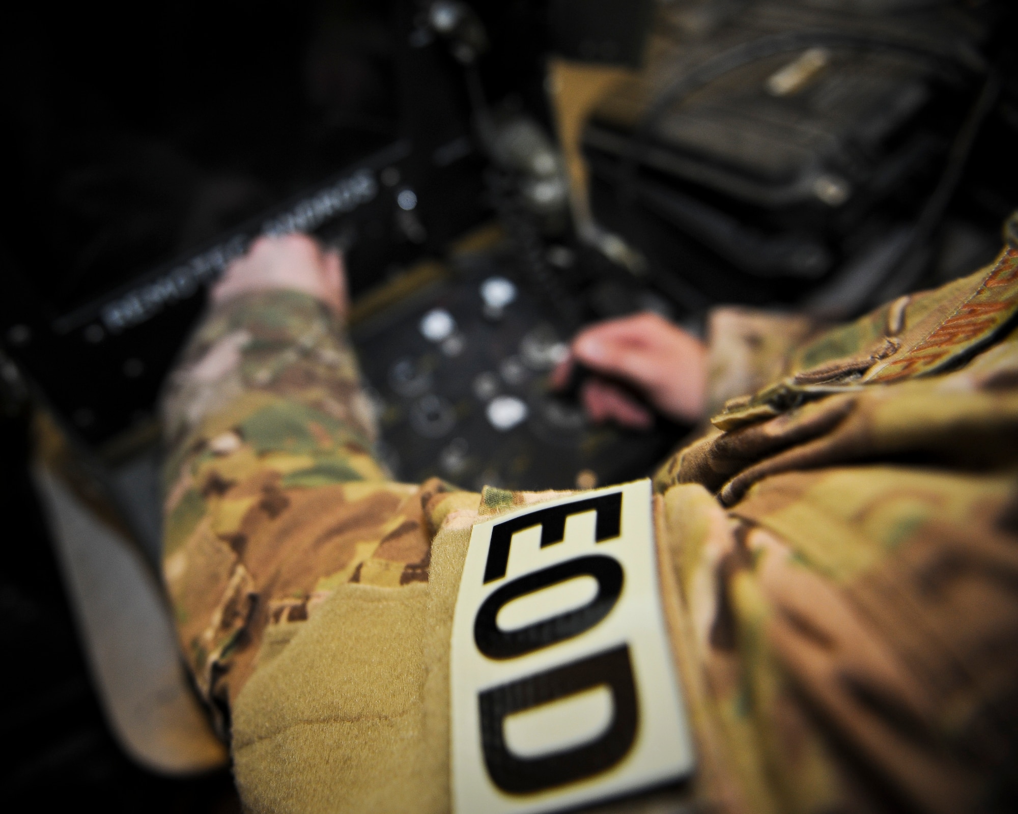 Staff Sgt. Joel Calahan practices with the control console of an explosive ordnance disposal robot, May 29, 2013, at the 379th Air Expeditionary Wing in Southwest Asia. Calahan is a 379th Expeditionary Civil Engineer Squadron EOD craftsman deployed from Nellis Air Force Base, Nev. (U.S. Air Force photo/Senior Airman Benjamin Stratton)