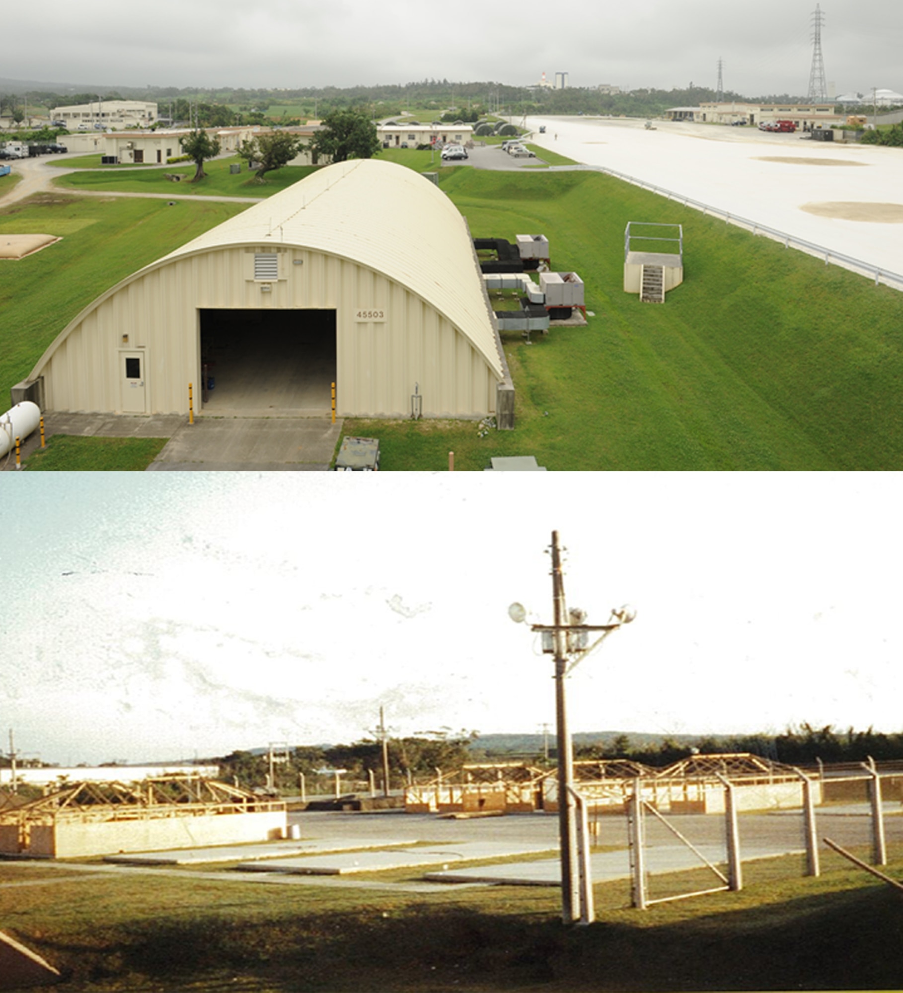 A present and past overall view of the 554th RED HORSE Squadron Detachment 1, Silver Flag contingency exercise training facility on Kadena Air Base, Japan, May 22, 2013. The detachment's mission is to provide contingency force support and civil engineer training to military members from various services. The Silver Flag exercise is moving to Guam, where its parent unit is located, making it one of the premier combat support and contingency skills training centers. (U.S. Air Force photo by Airman 1st Class Keith A. James/Released)