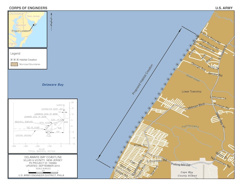 The plan for the purpose of ecosystem restoration at Villas and vicinity is an 80-foot wide berm over a project length of 29,000 feet. The plan entails a one-time placement of sand for horseshoe crab and shorebird habitat.