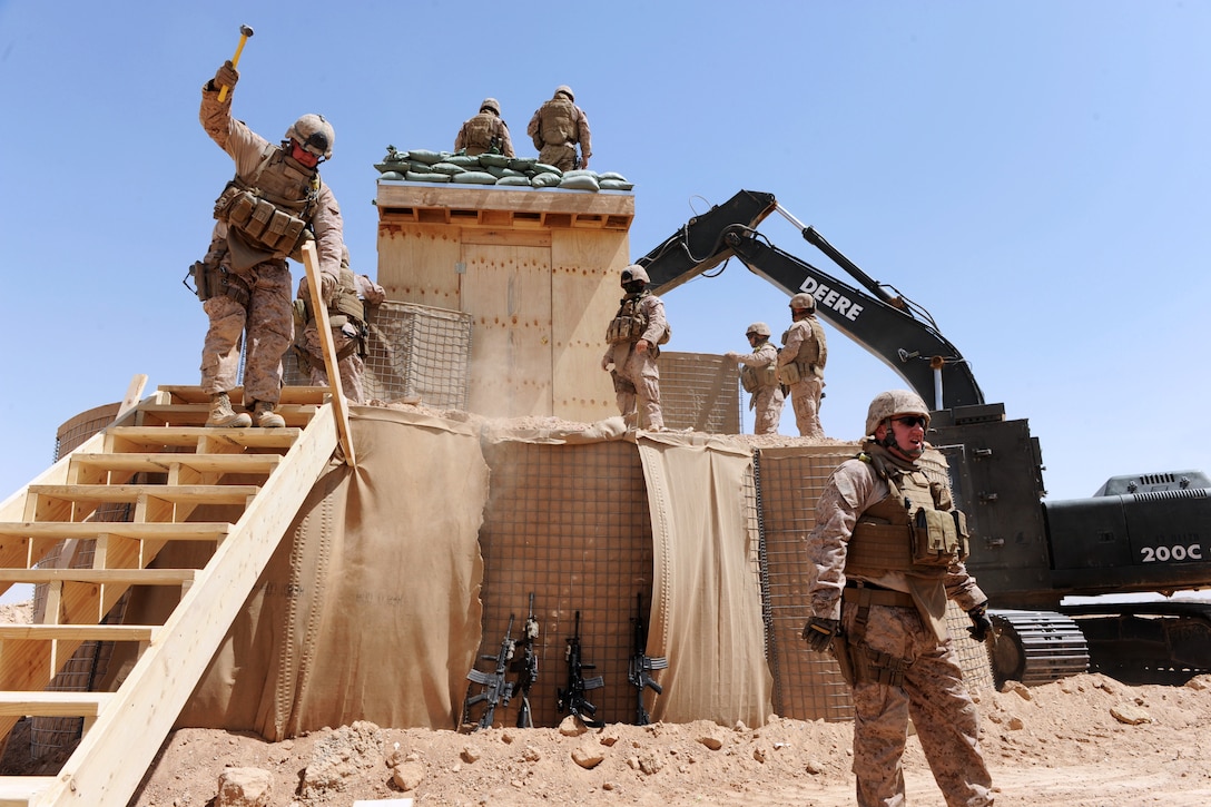 U.S. Seabees construct a bunker in support of the Afghanistan army near Camp Leatherneck, Helmand province, Afghanistan, May 22, 2013.