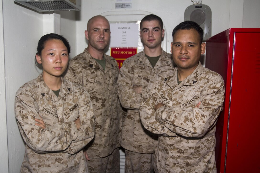 Supply administrative specialists assigned to the 26th Marine Expeditionary Unit, order all necessary equipment and track it during the 26th MEU’s 2013 deployment. The 26th MEU is a Marine Air-Ground Task Force forward-deployed to the U.S. 5th Fleet area of responsibility aboard the Kearsarge Amphibious Ready Group serving as a sea-based, expeditionary crisis response force capable of conducting amphibious operations across the full  range of military operations. (U.S. Marine Corps photograph by Cpl. Kyle N. Runnels/Released)