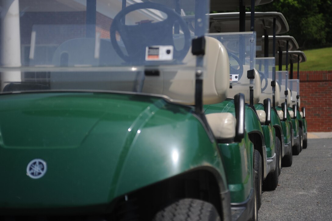 Empty golf carts sit covered, aligned and ready for use at the Medal of Honor Golf Course aboard Marine Base Quantico on May 10, 2013. Some consider golf to be a great way to challenge oneself mentally while getting physical exercise.