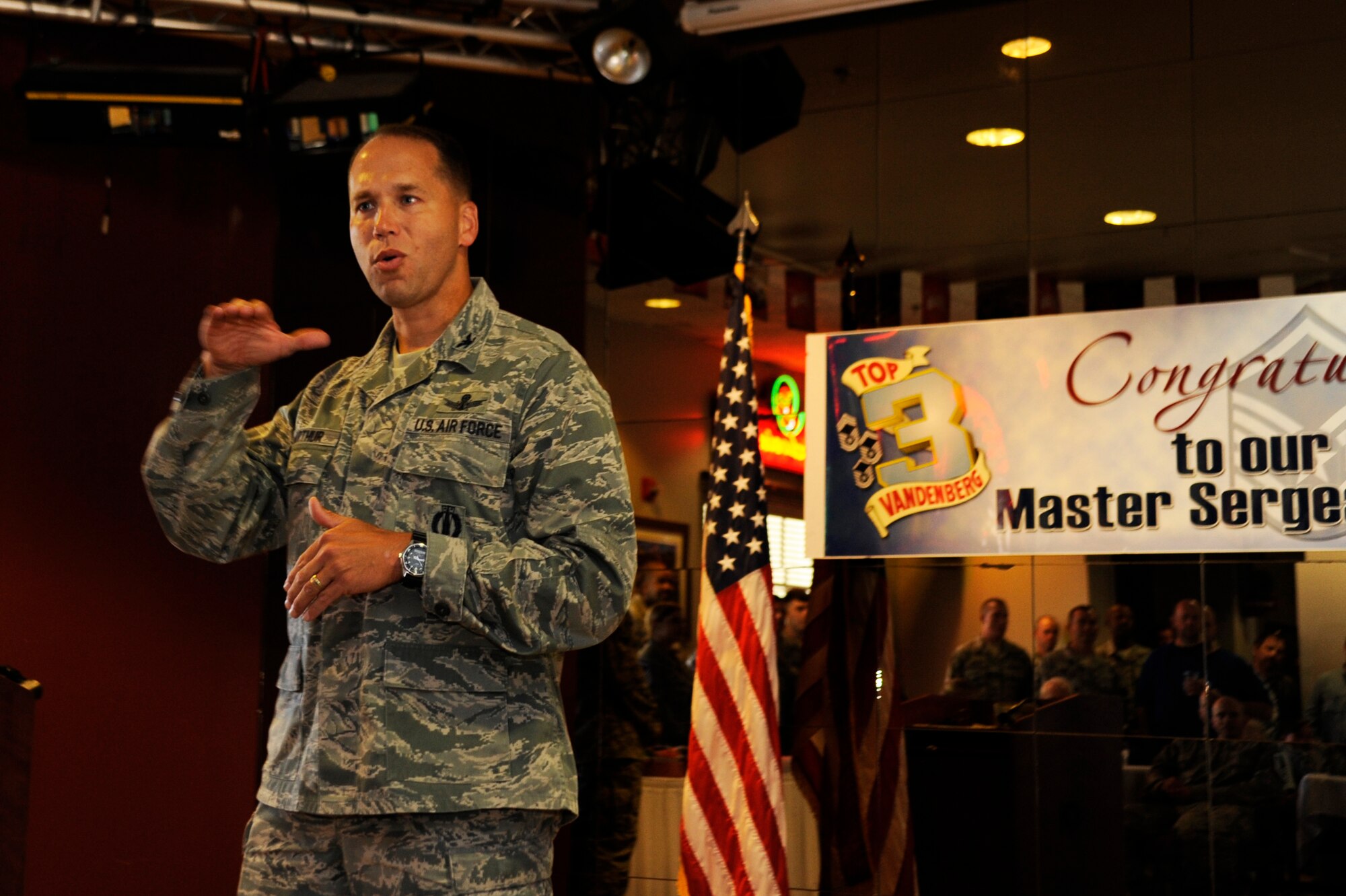 VANDENBERG AIR FORCE BASE, Calif. – Col. Brent McArthur, 30th Space Wing vice commander, congratulates the individuals selected to the rank of master sergeant at the Pacific Coast Club’s enlisted lounge here Friday, May 31, 2013. The master sergeants promotion ceremony recognizes the significant promotion to senior noncommissioned officer in the United States Air Force. (U.S. Air Force photo/Senior Airman Lael Huss)