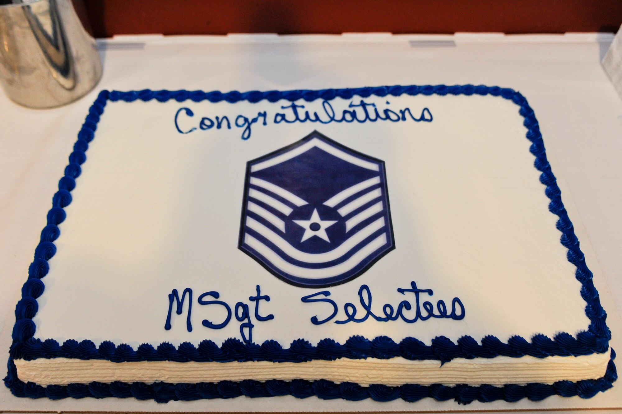 VANDENBERG AIR FORCE BASE, Calif. – A congratulatory cake for team V’s newest master sergeant’s sets during Vandenberg’s Master Sergeants Promotion Ceremony at the Pacific Coast Club’s enlisted lounge here Friday, May 31, 2013. The master sergeants promotion ceremony recognizes the significant promotion to senior noncommissioned officer in the United States Air Force. (U.S. Air Force photo/Senior Airman Lael Huss)