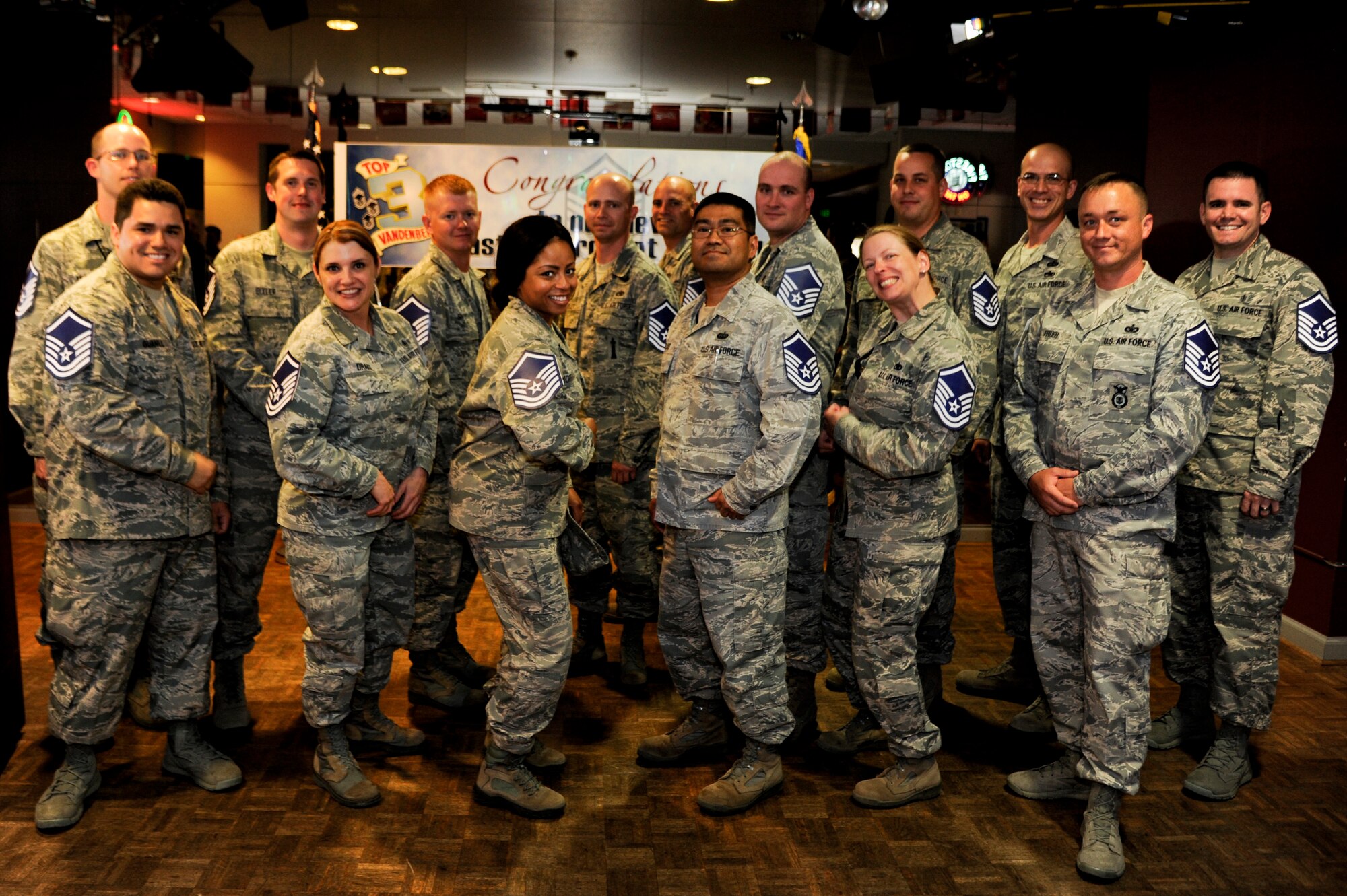 VANDENBERG AIR FORCE BASE, Calif. – Team V’s newest master sergeants pose for a group photo during Vandenberg’s Master Sergeants Promotion Ceremony at the Pacific Coast Club’s enlisted lounge here Friday, May 31, 2013. The master sergeants promotion ceremony recognizes the significant promotion to senior noncommissioned officer in the United States Air Force. (U.S. Air Force photo/Senior Airman Lael Huss)