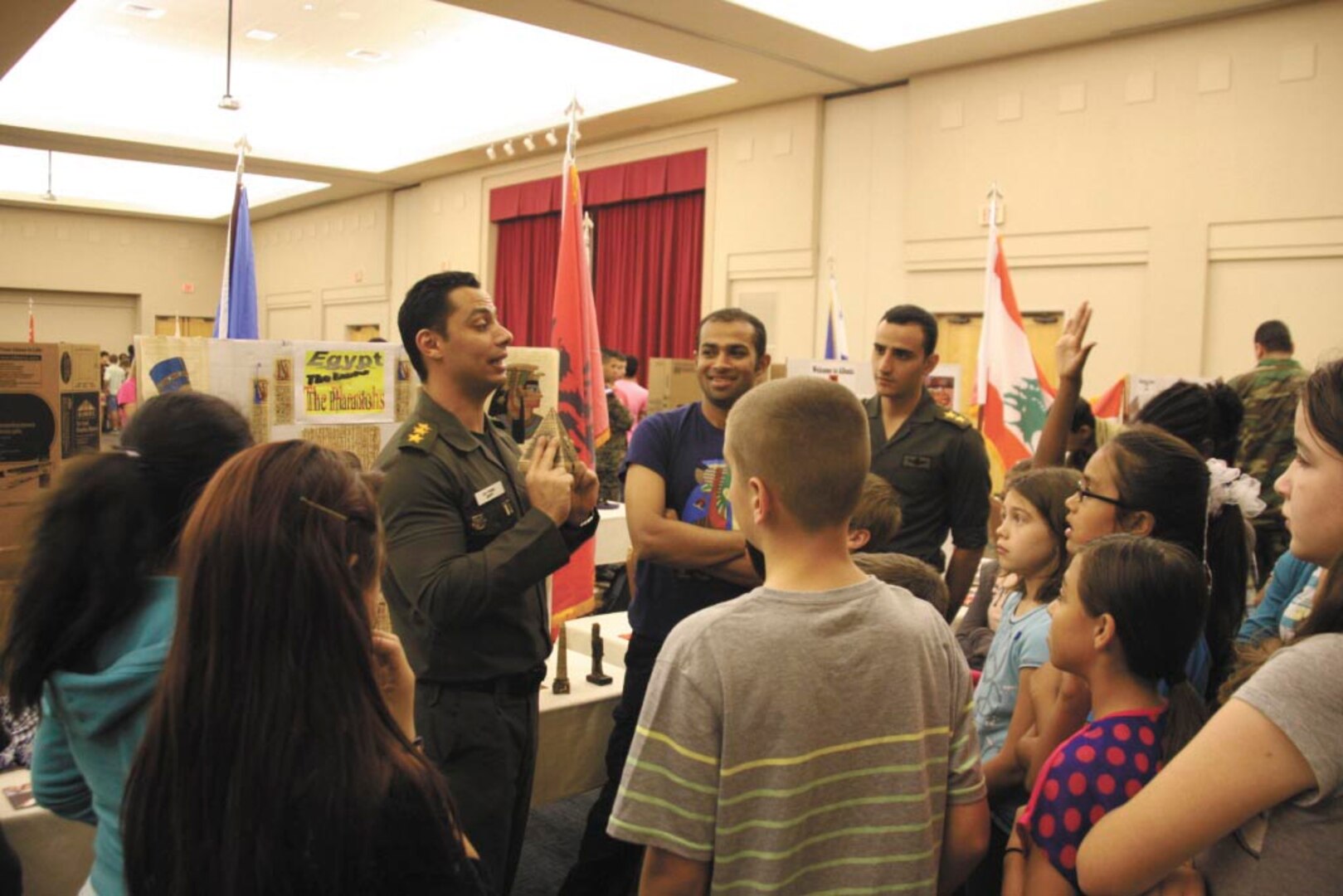 Lackland Elementary School students listen to a presentation on Egypt by army Capt. Mohamed Hasan Farag. (Photo by Spencer Berry)
