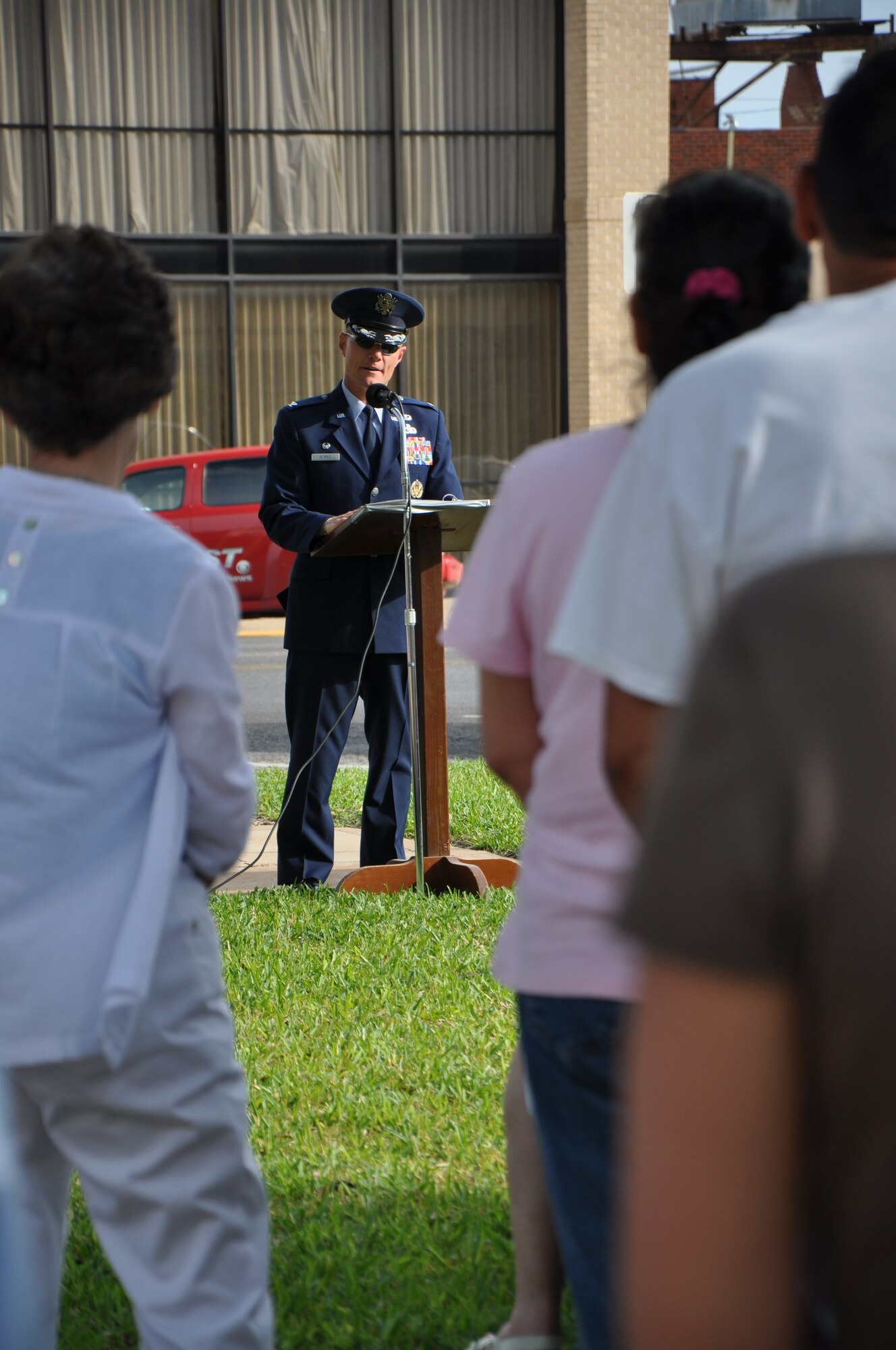 SAN ANGELO, Texas – Col. Brendan Harris, 17th Training Group Commander, gives a speech during the Memorial Day Commemoration ceremony at the Tom Green County Courthouse, May 27. During his speech, he spoke about how veterans fought for the right of freedom. (U.S. Air Force photo/ Airman 1st Class Joshua Edwards)