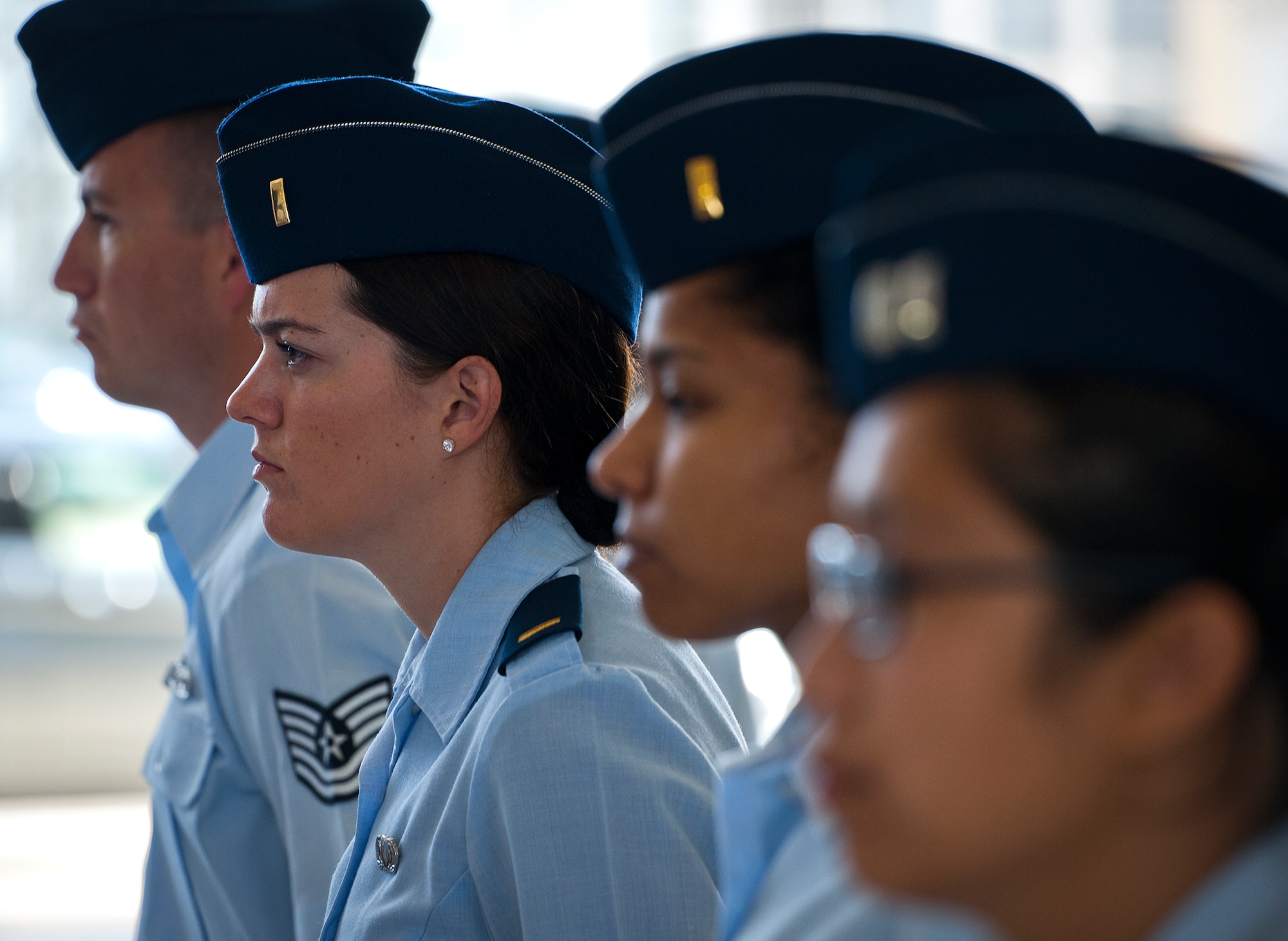 Airmen with the 53rd Wing stand at parade rest before the wing’s change of command ceremony begins May 30 at Eglin Air Force Base, Fla.  Col. Alexus Grynkewich took command of the wing from Col. David Hicks, who leaves to become the deputy director of operations for North American Aerospace Defense Command at Peterson, AFB, Colo.  (U.S. Air Force photo/Samuel King Jr.)