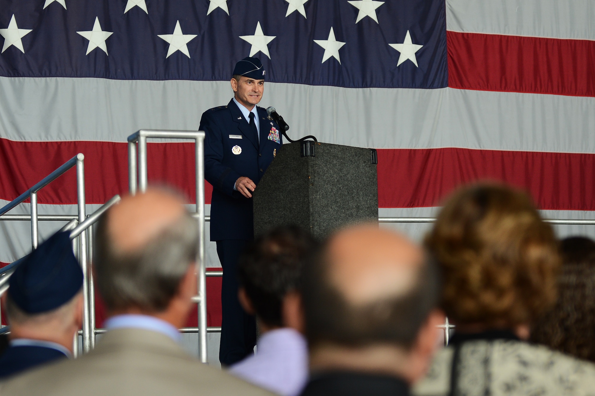 Maj. Gen. Jake Polumbo makes his first speech as Ninth Air Force commander May 31, 2013, at Shaw Air Force Base, S.C. The general addressed a crowd of about 300 people during the Ninth Air Force change of command ceremony. (U.S. Air Force photo by Airman 1st Class Daniel Blackwell/Released)