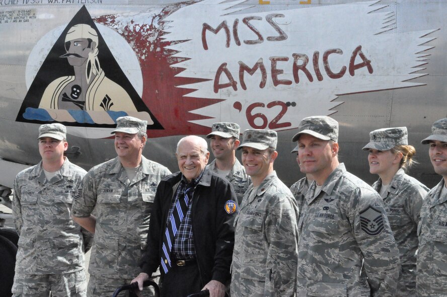 Marvin “Buzz” Oates and Bob Dohlkey stand Tuesday in front of a C-123 Provider static at the Travis Heritage Center. This C-123 is the same tail number as Dohlkey’s jet that he flew in the Vietnam War. (U.S. Air Force photo/Airman 1st Class Madelyn Brown)