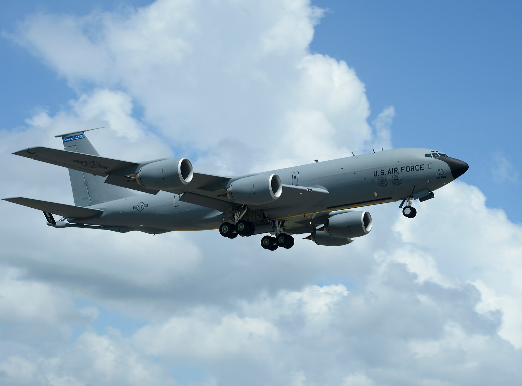 A KC-135 Stratotanker flies over the flightline at MacDill Air Force Base, Fla., May 29, 2013. The KC-135 Stratotanker provides the core aerial refueling capability for the United States Air Force and has excelled in this role for more than 50 years.  (U.S. Air Force photo by Senior Airman Shandresha Mitchell/ Released)