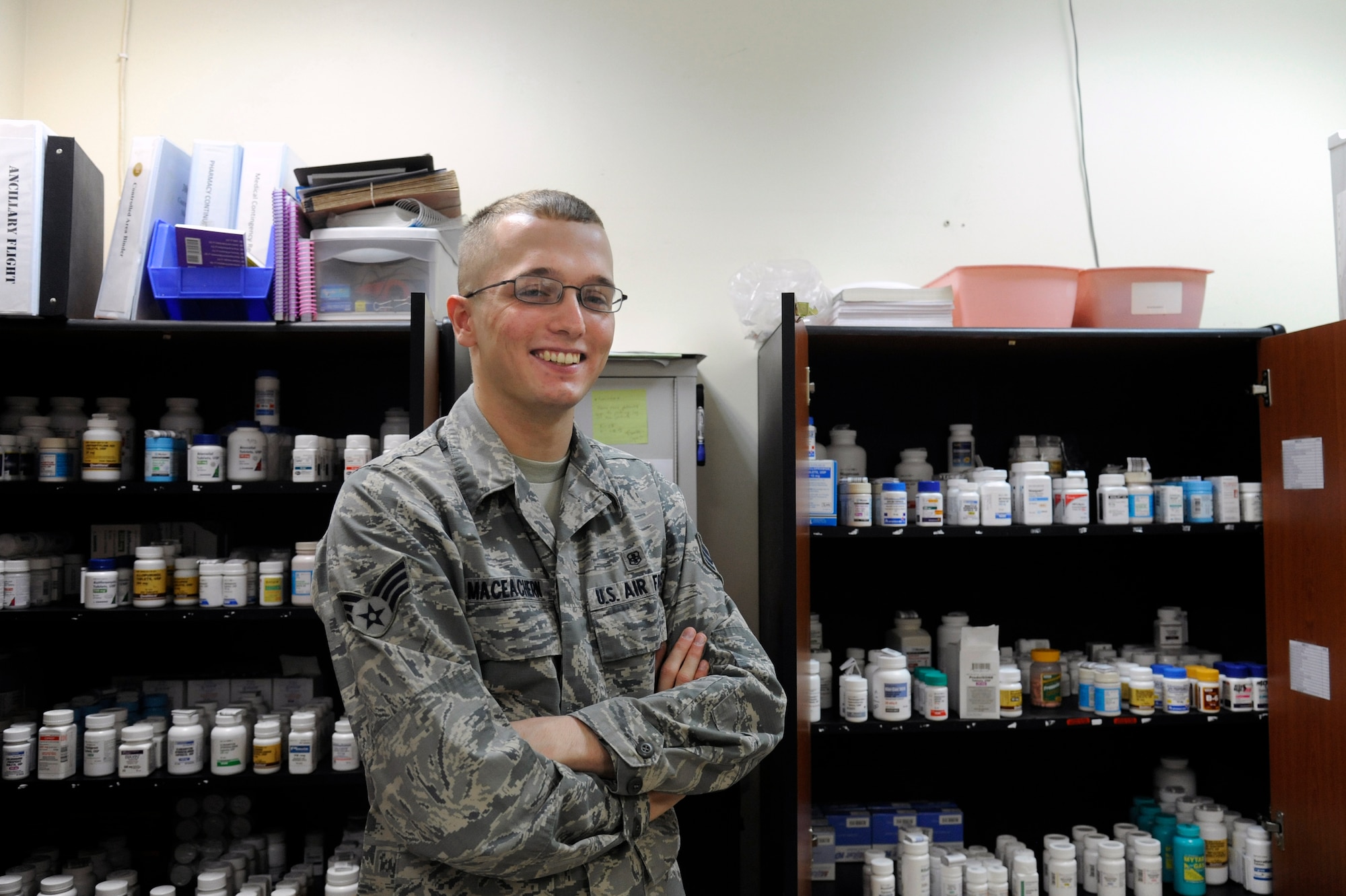 Senior Airman Tyler MacEachern, pharmacy technician assigned to the 386th Expeditionary Medical Group.  