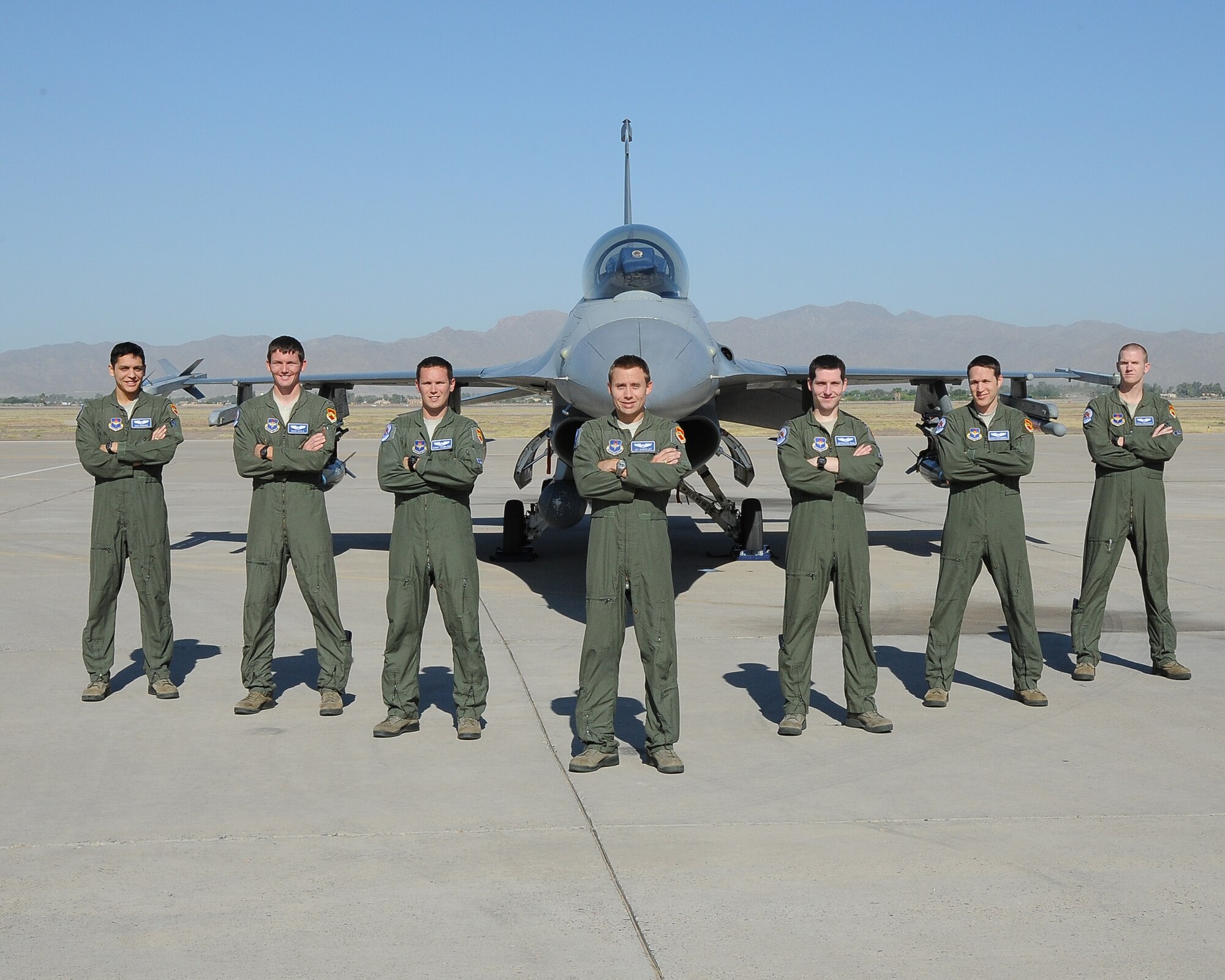 The 62nd Fighter Squadron graduates seven pilots today. They are, from left, 1st Lts. Daniel Wabinga and David Hickle; Capts. Daniel Trueblood, Jay Doerfler and Jefferson Page; 1st Lt. David Fontagneres; and Capt. Ryan Vanbuskirk. (U.S. Air Force photo/Airman 1st Class James Hensley)