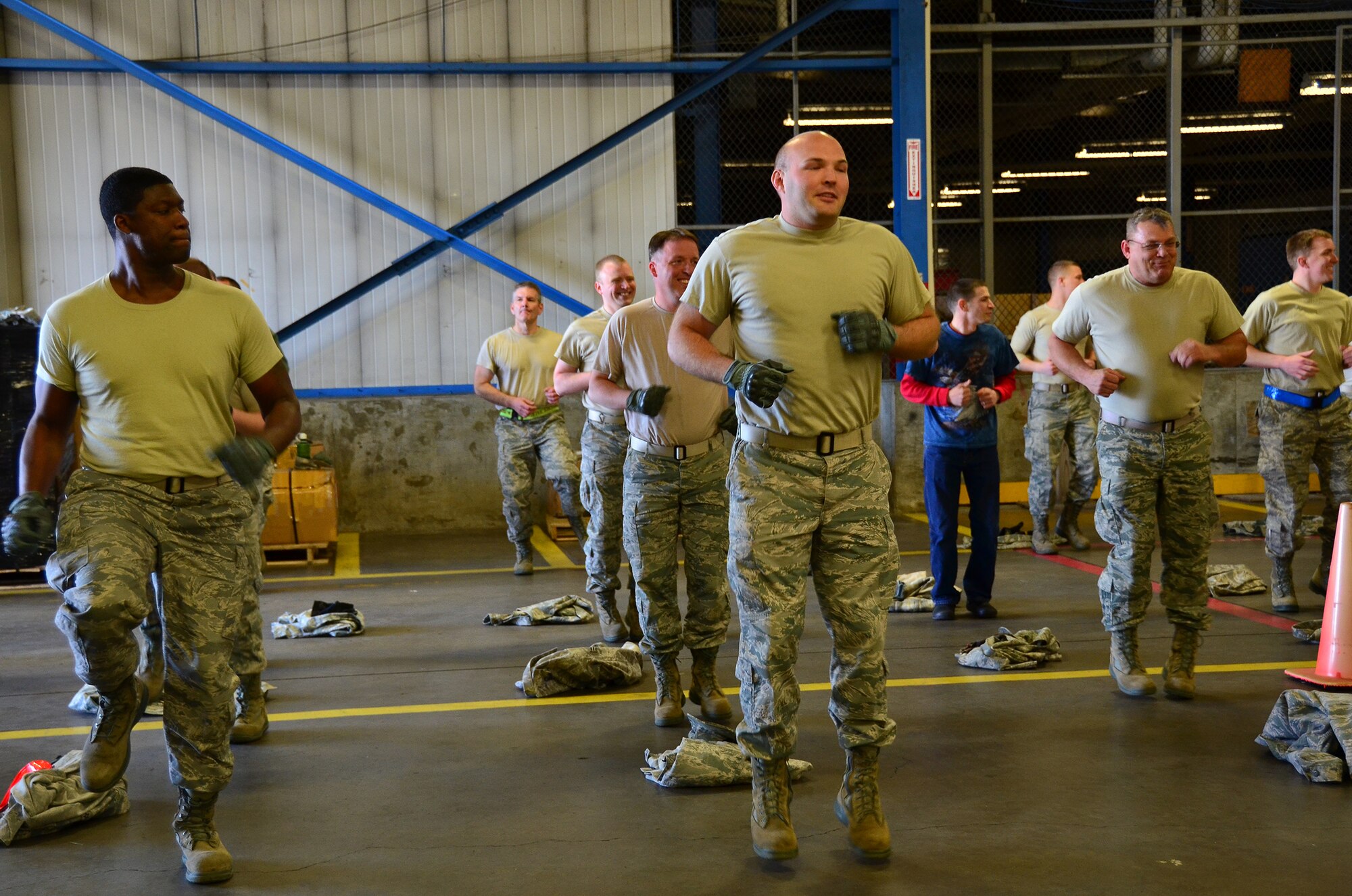 WRIGHT-PATTERSON AIR FORCE BASE, Ohio – The 87th Aerial Port Squadron gears up to start executing various team building activities during the April 21 445th Airlift Wing Wingman Day. Units across the wing held various team building events during both April unit training assemblies to enhance camaraderie and build morale. (U.S. Air Force photo/Staff Sgt. Amanda Duncan)