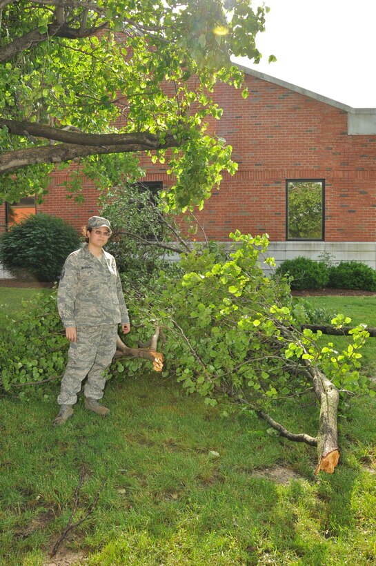 Master Sgt. Laura Marshall surveys downed tree limbs caused by a thunderstorm which struck Scott Air Force Base on May 30.   The damage occurred just outside the 932nd Medical Group building.  (U.S. Air Force photo/Staff Sgt. Amber Hodges)