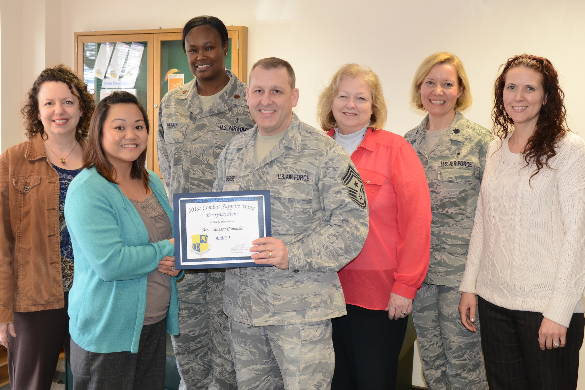 RAF ALCONBURY, United Kingdom – Vanessa Camacho, 423rd Medical Squadron, was named March’s 501st CSW Everyday Hero from the 423rd Air Base Group. 

Camacho, 423rd MDS Educational and Developmental Intervention Services (EDIS) administrative assistant, helps prove that the RAF Alconbury EDIS meets Department of Defense, Air Force and Health Services Inspection criteria. She is responsible for the annual completion and monitoring of 560 developmental screenings for a beneficiary population of 6,500 members. She tracks the unit’s continual self-inspection of 24 complex educational files, as well as security and maintenance of 45 retired files. Additionally, she coordinated multiple mailings to go out to 220 eligible families across three installations for the Spring Child Find program. As a mandatory/inspectable item, she deftly managed multiple appointments, files and awareness strategies to make it a successful program that is a cornerstone of EDIS outreach and prevention (U.S. Air Force photo by Tech. Sgt. Chrissy Best)
