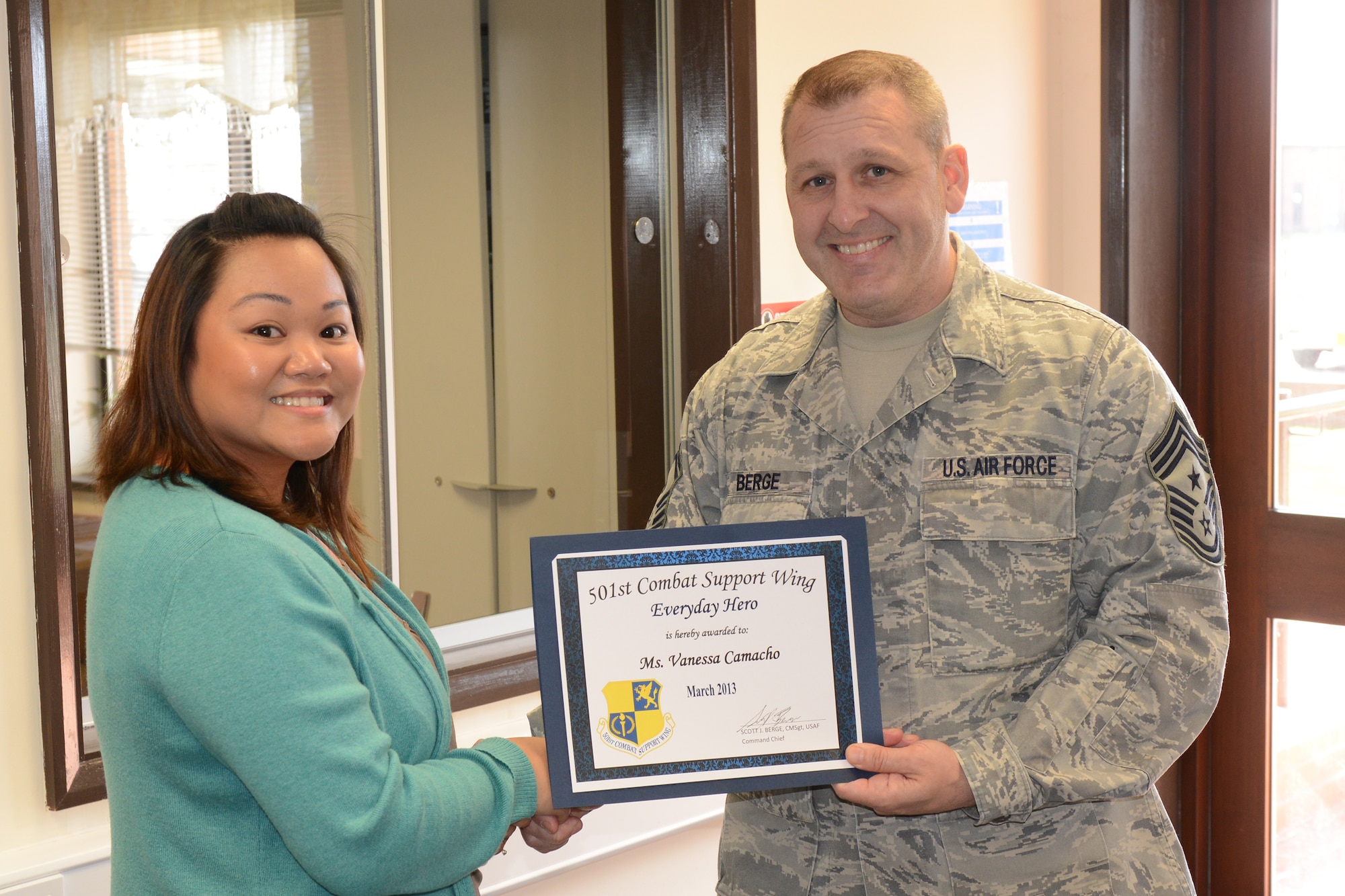 RAF ALCONBURY, United Kingdom – Vanessa Camacho, 423rd Medical Squadron, was named March’s 501st CSW Everyday Hero from the 423rd Air Base Group. 

Camacho, 423rd MDS Educational and Developmental Intervention Services (EDIS) administrative assistant, helps prove that the RAF Alconbury EDIS meets Department of Defense, Air Force and Health Services Inspection criteria. She is responsible for the annual completion and monitoring of 560 developmental screenings for a beneficiary population of 6,500 members. She tracks the unit’s continual self-inspection of 24 complex educational files, as well as security and maintenance of 45 retired files. Additionally, she coordinated multiple mailings to go out to 220 eligible families across three installations for the Spring Child Find program. As a mandatory/inspectable item, she deftly managed multiple appointments, files and awareness strategies to make it a successful program that is a cornerstone of EDIS outreach and prevention (U.S. Air Force photo by Tech. Sgt. Chrissy Best)
