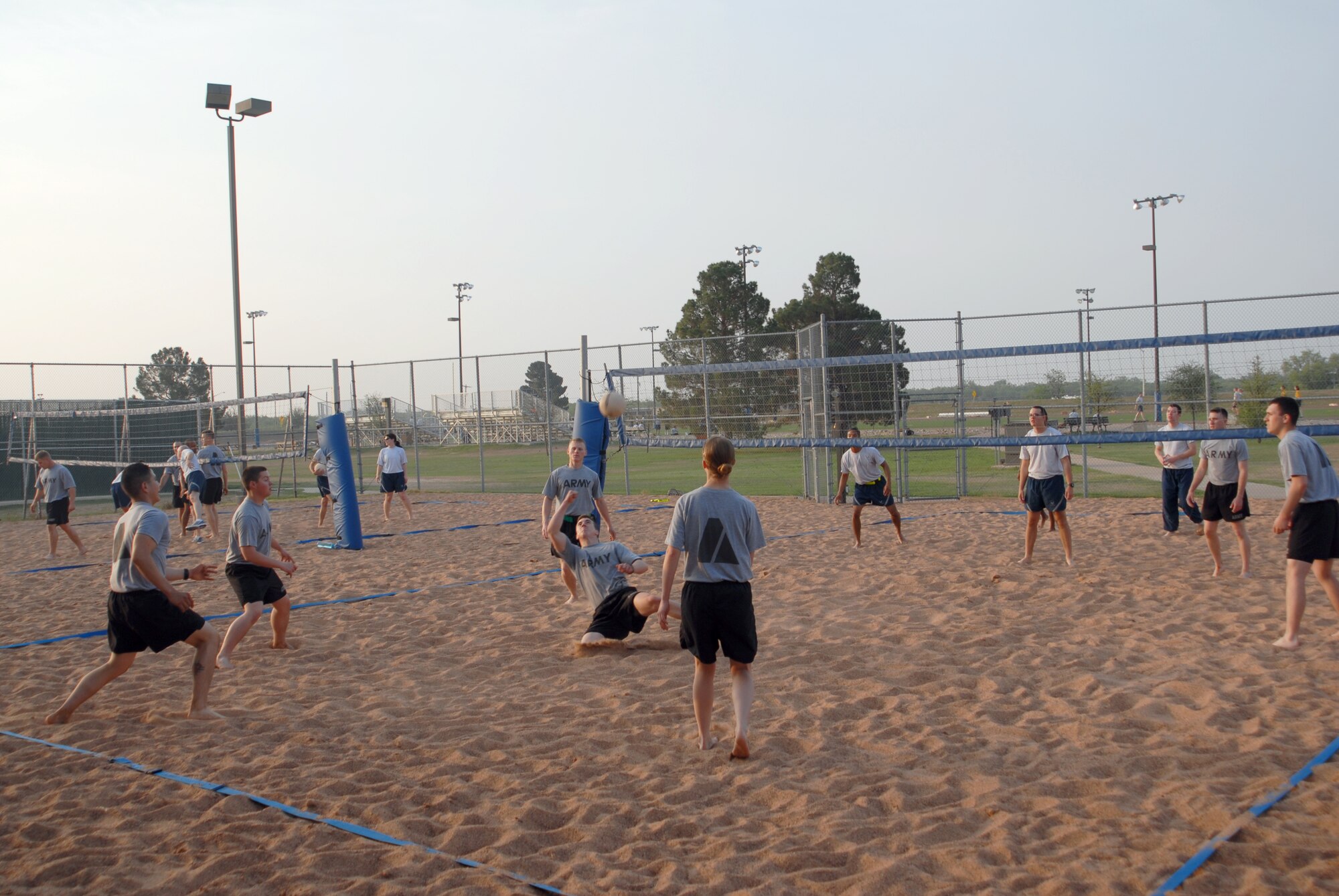 GOODFELLOW AIR FORCE BASE, Texas – Service members participate in a beach volleyball tournament during the sports portion of Sports and Safety Day at the Mathis Fitness Center, May 23.  Team Goodfellow devoted the day to safety and sports to kick off the 101 Critical Days of Summer. (U.S. Air Force photo/ Airman 1st Class Breonna Fields) 