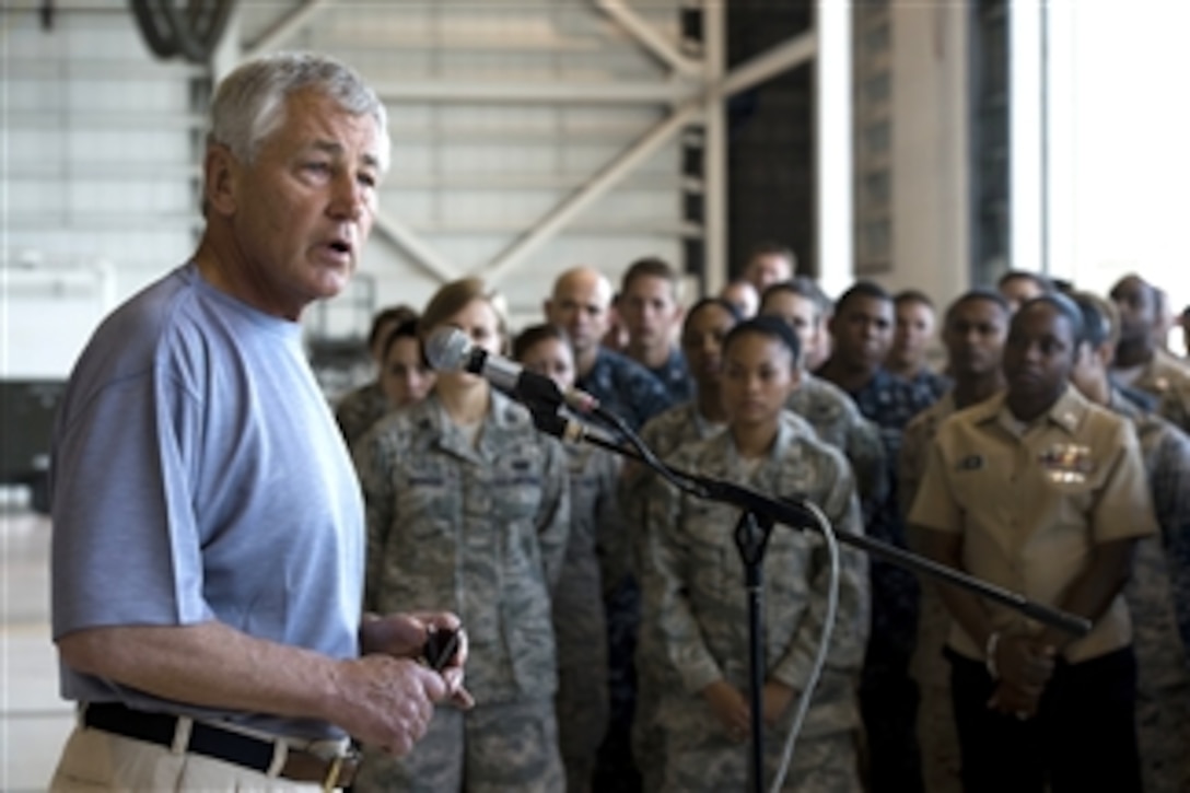 Secretary of Defense Chuck Hagel speaks with troops at Joint Base Pearl Harbor-Hickam near Honolulu, Hawaii, on May 30, 2013.  Hagel answered questions ranging from Tricare benefits to retirement benefits and cyber warfare. 