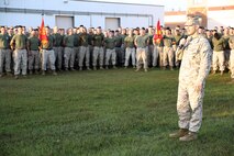 Lt. Col. Craig C. Clemans, the commanding officer of 2nd Maintenance Battalion, Combat Logistics Regiment 25, 2nd Marine Logistics Group, speaks to the Marines in the battalion before a field meet at the 2nd Maint. Bn. compound aboard Camp Lejeune, N.C., Oct. 31, 2013. Clemans explained to the Marines that they always need to stay combat ready and always be prepared to get the job done.