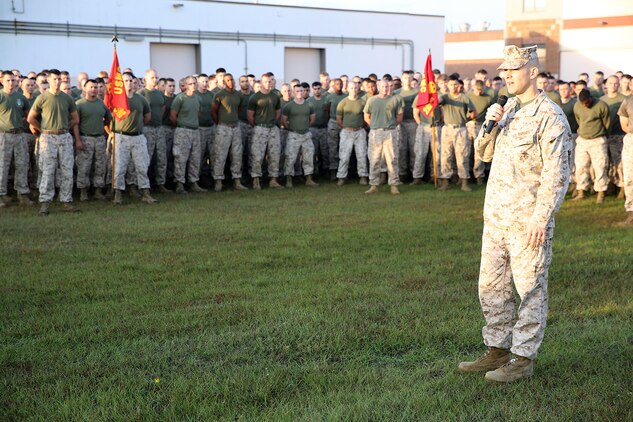 Lt. Col. Craig C. Clemans, the commanding officer of 2nd Maintenance Battalion, Combat Logistics Regiment 25, 2nd Marine Logistics Group, speaks to the Marines in the battalion before a field meet at the 2nd Maint. Bn. compound aboard Camp Lejeune, N.C., Oct. 31, 2013. Clemans explained to the Marines that they always need to stay combat ready and always be prepared to get the job done.