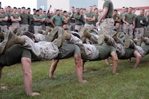 Marines with 2nd Maintenance Battalion, Combat Logistics Regiment 25, 2nd Marine Logistics Group fight to get the last squad push-up completed during a field meet challenge at the 2nd Maint. Bn. compound aboard Camp Lejeune, N.C., Oct. 31, 2013. Some of the other events during the field meet were a pull-up challenge, Mission Oriented Protective Posture clothing exchange, egg relay and tug-of-war. 