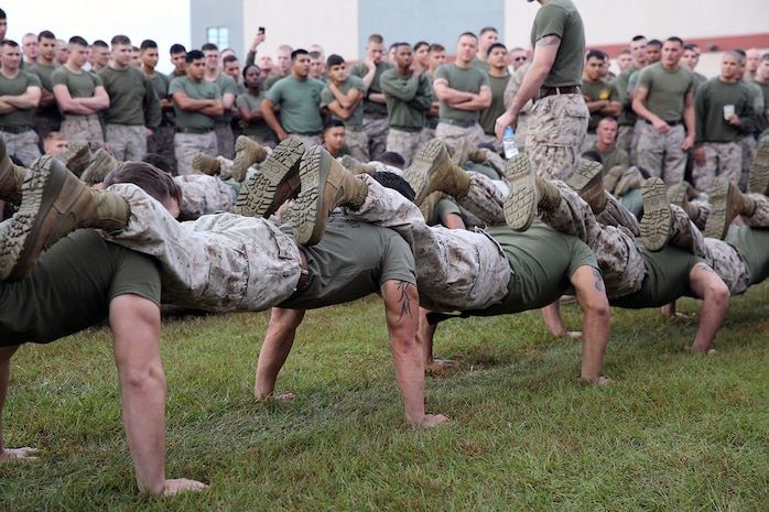 Marines with 2nd Maintenance Battalion, Combat Logistics Regiment 25, 2nd Marine Logistics Group fight to get the last squad push-up completed during a field meet challenge at the 2nd Maint. Bn. compound aboard Camp Lejeune, N.C., Oct. 31, 2013. Some of the other events during the field meet were a pull-up challenge, Mission Oriented Protective Posture clothing exchange, egg relay and tug-of-war. 