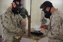 Chemical, biological, radiological and nuclear defense specialists with Combat Logistics Regiment 27, 2nd Marine Logistics burn 2-chlorobenzalmalonoitrile, or CS gas, during a mask confidence exercise aboard Camp Lejeune, N.C., Oct. 31, 2013. CS, also called tear gas, creates a burning sensation on skin, eyes or in lungs and allows the service members to build confidence in their ability to properly wear of M50 Joint Service General Purpose Masks and Mission Oriented Protective Posture clothing.