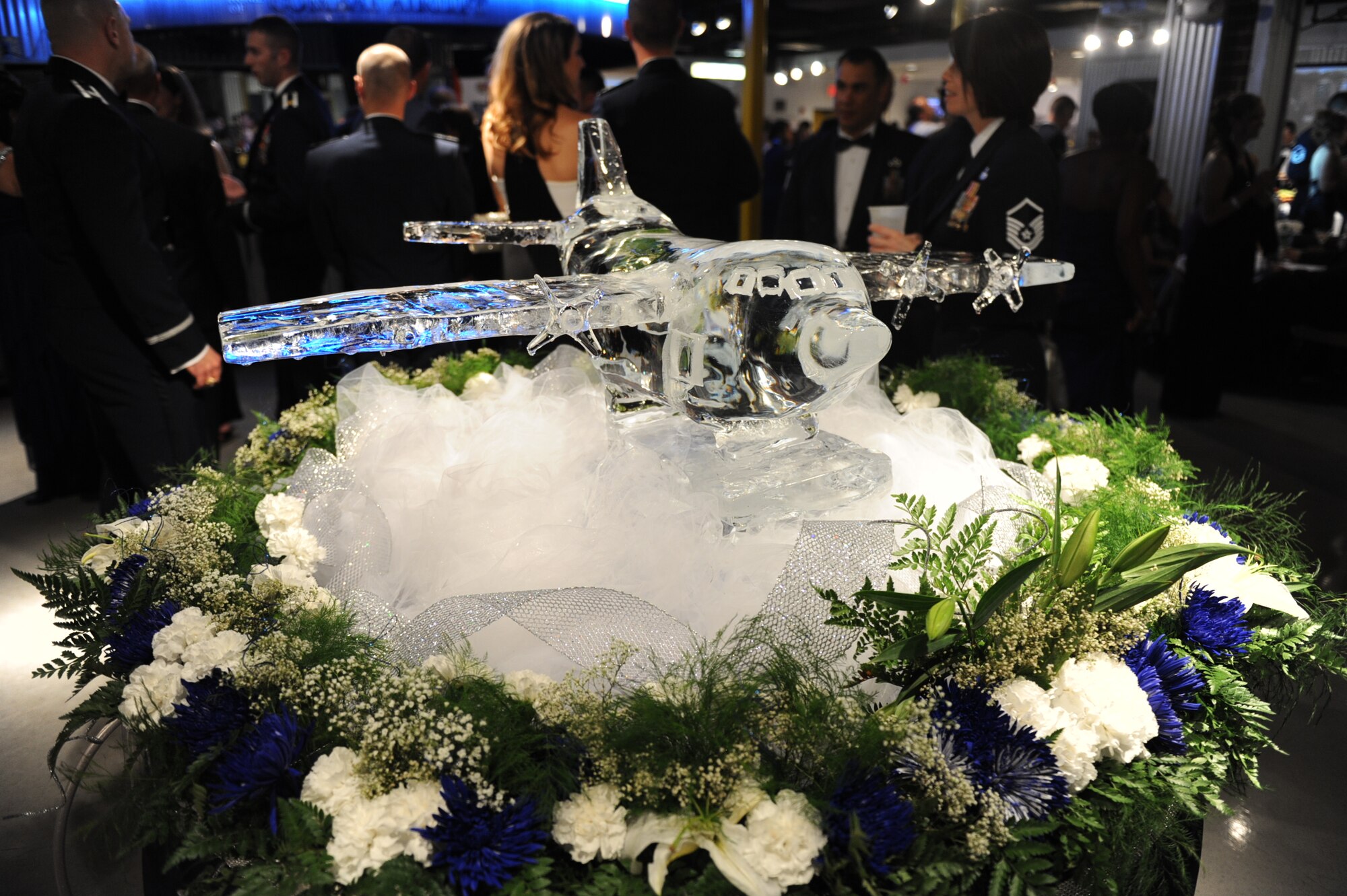 A legacy C-130 ice sculpture decorates the entrance to Hangar 1080 during Team Little Rock's 2013 Air Force Ball Oct. 25, 2013, at Little Rock Air Force Base, Ark. The sculpture was the main display during the ball, greeting Airmen and their families as they entered. (U.S. Air Force photo by Staff Sgt. Jessica Condit)