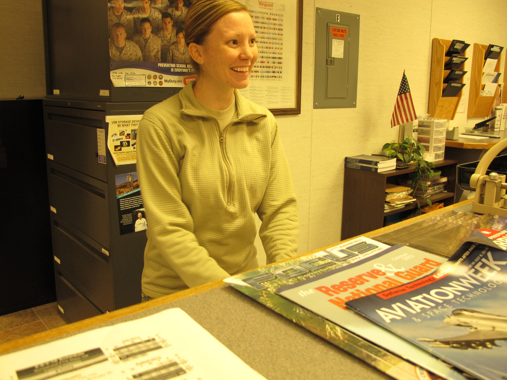 U.S. Air Force Staff Sgt. Robin Borja, on duty at the New Castle Air National Guard Base, Del., Oct. 24, 2013, works in the commander’s support staff, 166th Civil Engineer Squadron, Delaware ANG. Her son is enrolled in before and after school child care as well drill weekend child care. (U.S. Air National Guard photo by Tech. Sgt. Benjamin Matwey)