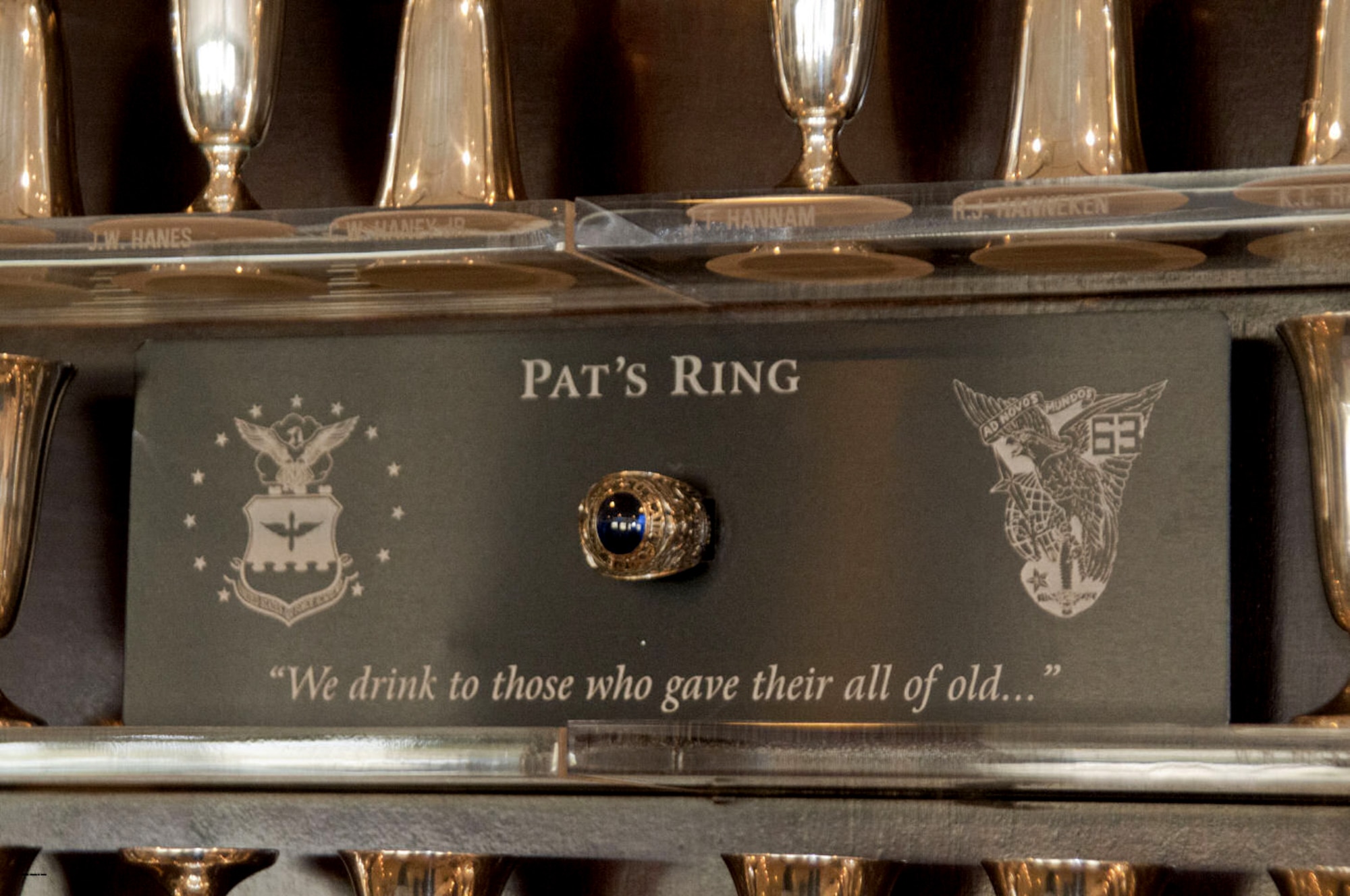 1st Lt. Patrick Wynne's Class Ring was dedicated to the Class of 1963 in a ceremony here Oct. 24.  The ring is now on display inside of a cabinet on the balcony of the Arnold Hall Ballroom. (U.S. Air Force/Courtesy Photo)