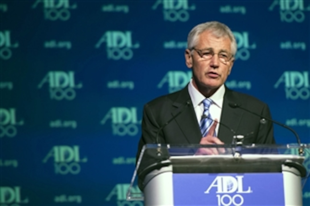 Secretary of Defense Chuck Hagel speaks at the centennial dinner for the Anti-Defamation League in New York, N.Y., on Oct 31, 2013.  Hagel addressed the repeal of the Defense of Marriage act and how currently five states are refusing to issue National Guard spouses of same-sex couples identification cards.  Hagel told the audience that he gave a directive to Chief of the National Guard Bureau Gen. Frank Grass to work with the states to follow the current law and issue the cards to same sex couples serving in the National Guard.    