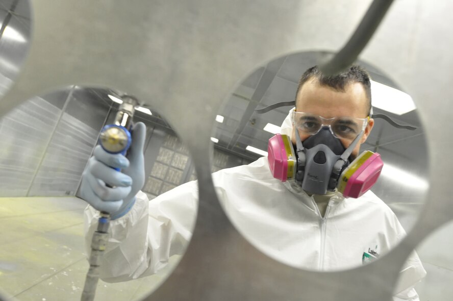 Since its completion last year, the new paint booth installed at the 403rd Wing Fabrication Flight has boosted productivity ten fold. Senior Airman John Kane, an aviation structural mechanic at the shop, is one of the many fab technicians who paint on an almost daily basis to keep up with aircraft painting and retouching needs. Airman Kane said painting C-130J parts, as well as servicing aircraft after bird strikes are two of his favorite parts of the job (U.S. Air Force Photo by Capt. J. Justin Pearce)